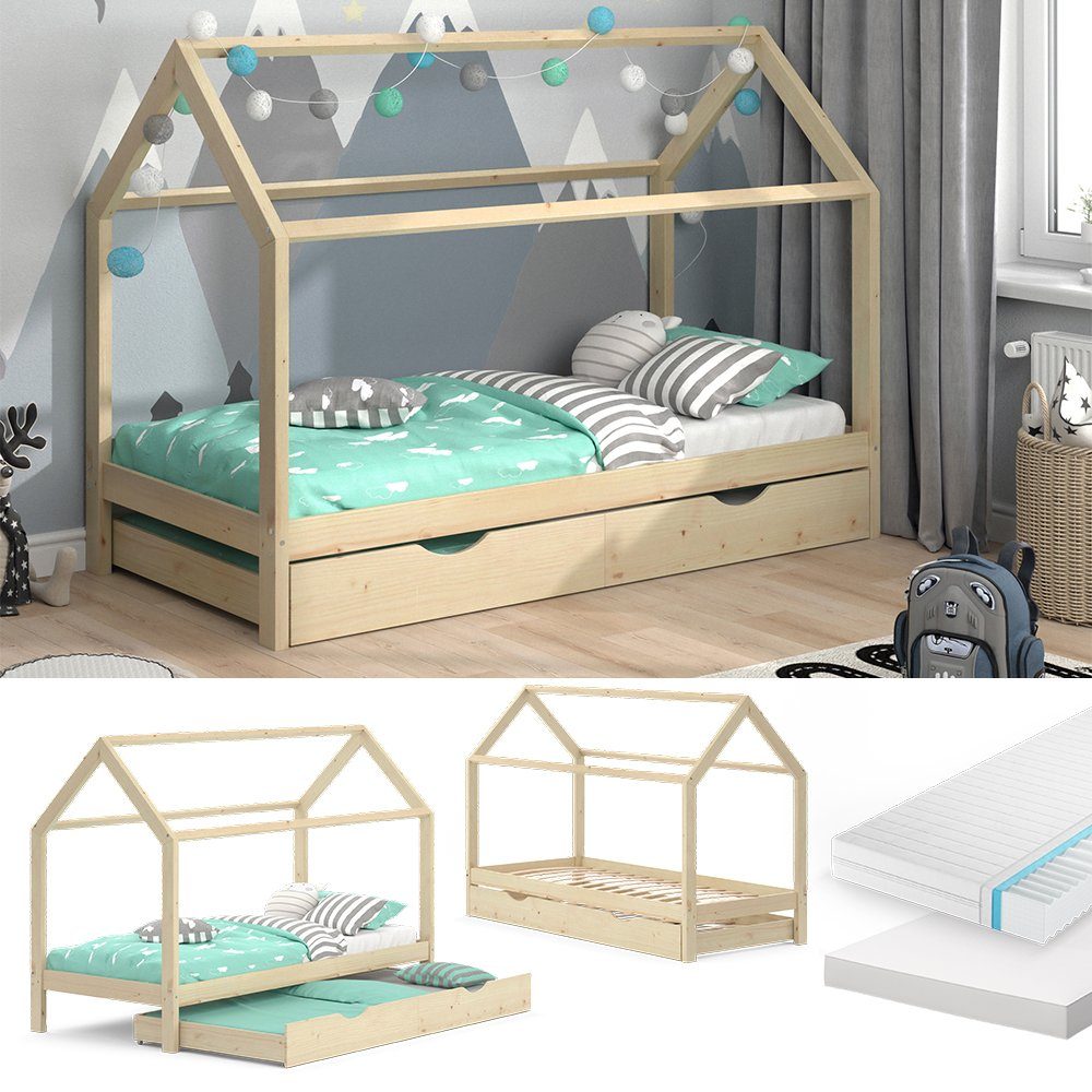 VitaliSpa® Hausbett Wiki, Naturholz, 90x200 cm mit Gästebett und 2 Matratzen (3-tlg)
