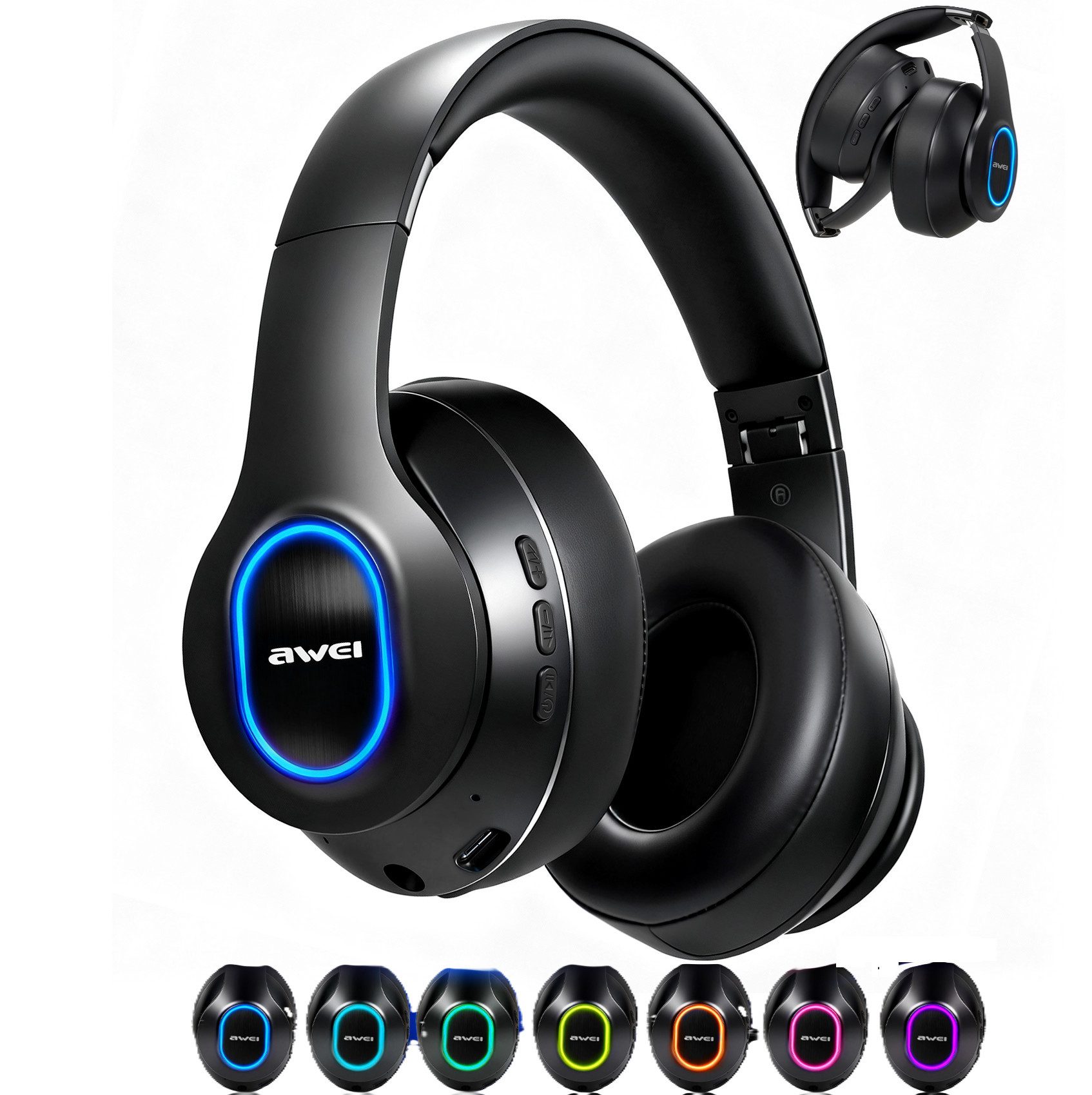 Novzep Bluetooth Over-Ear Kopfhörer mit RGB Licht, kabellos & kabelgebunden Headset (HSP / HFP / A2DP / AVRCP, 40 mm Treiber, faltbares Design, bis 12 Std. Akku)