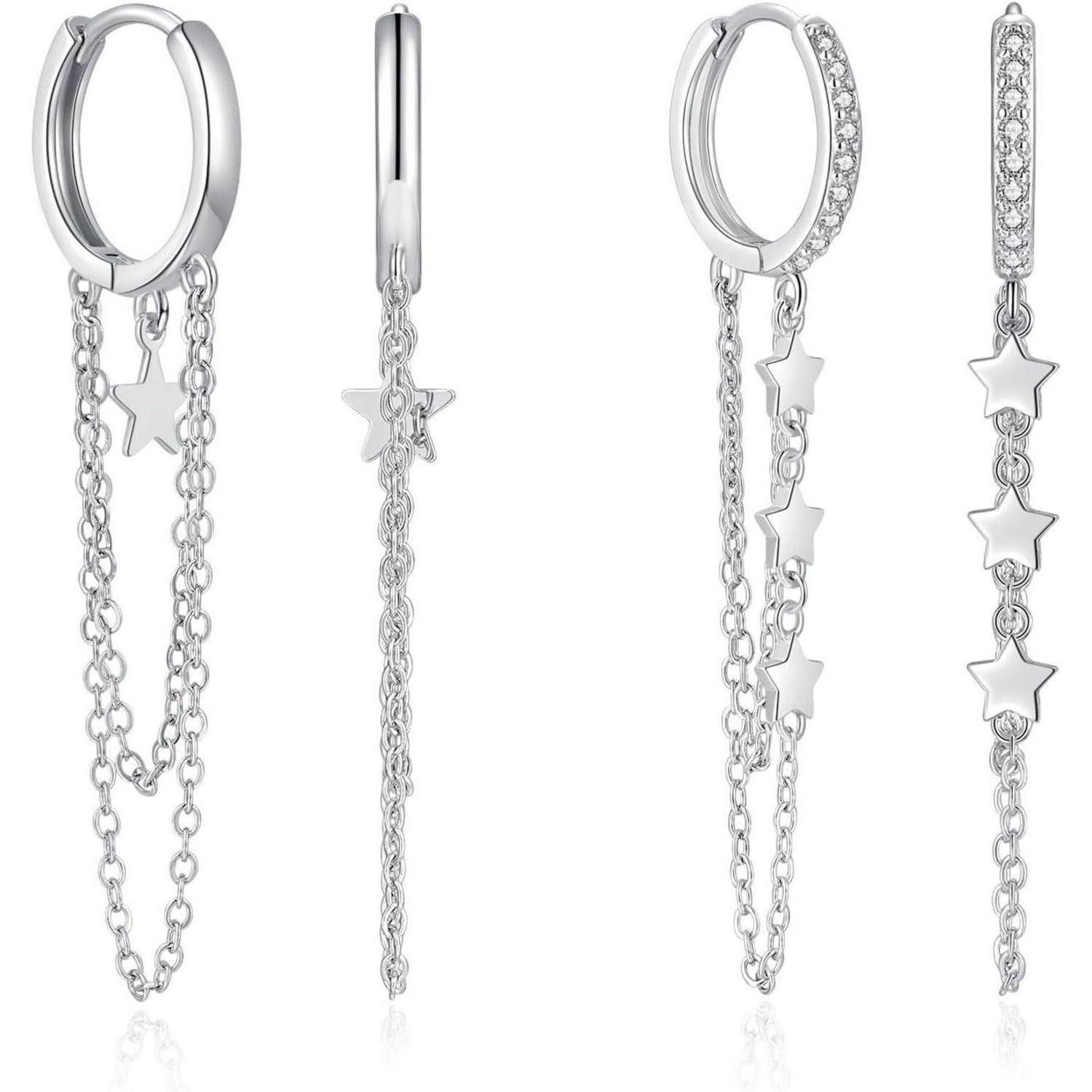 Ohrhänger-Set Creolen 925 Sterling Huggie hypoallergen Quaste Kette Damen Set Silber