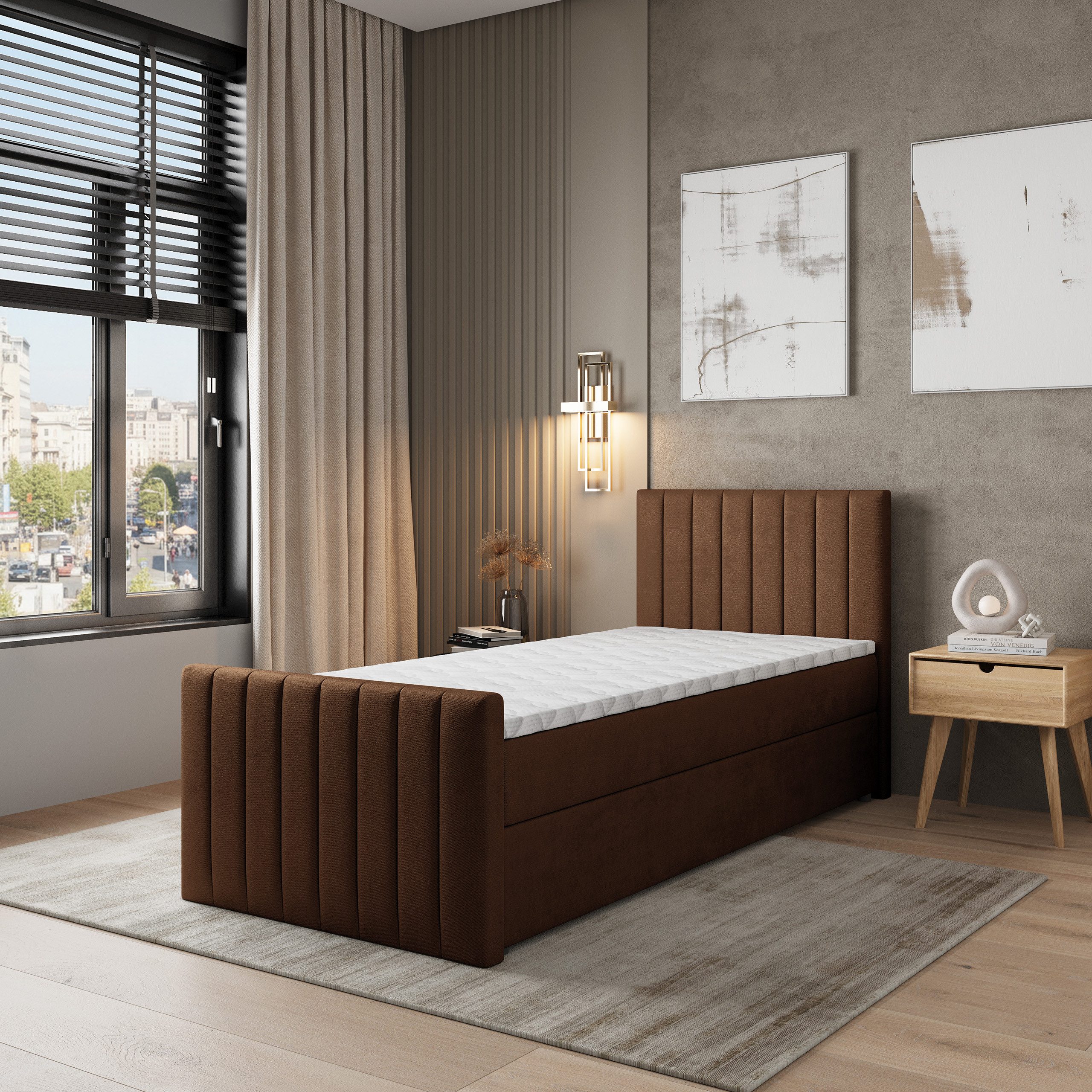 Masseno Boxbett ARION 80x200 cm mit Bonell Matratze und Topper, Einzelbett, Jugendbett, Polsterbett mit Kopfteil, Boxspringbett