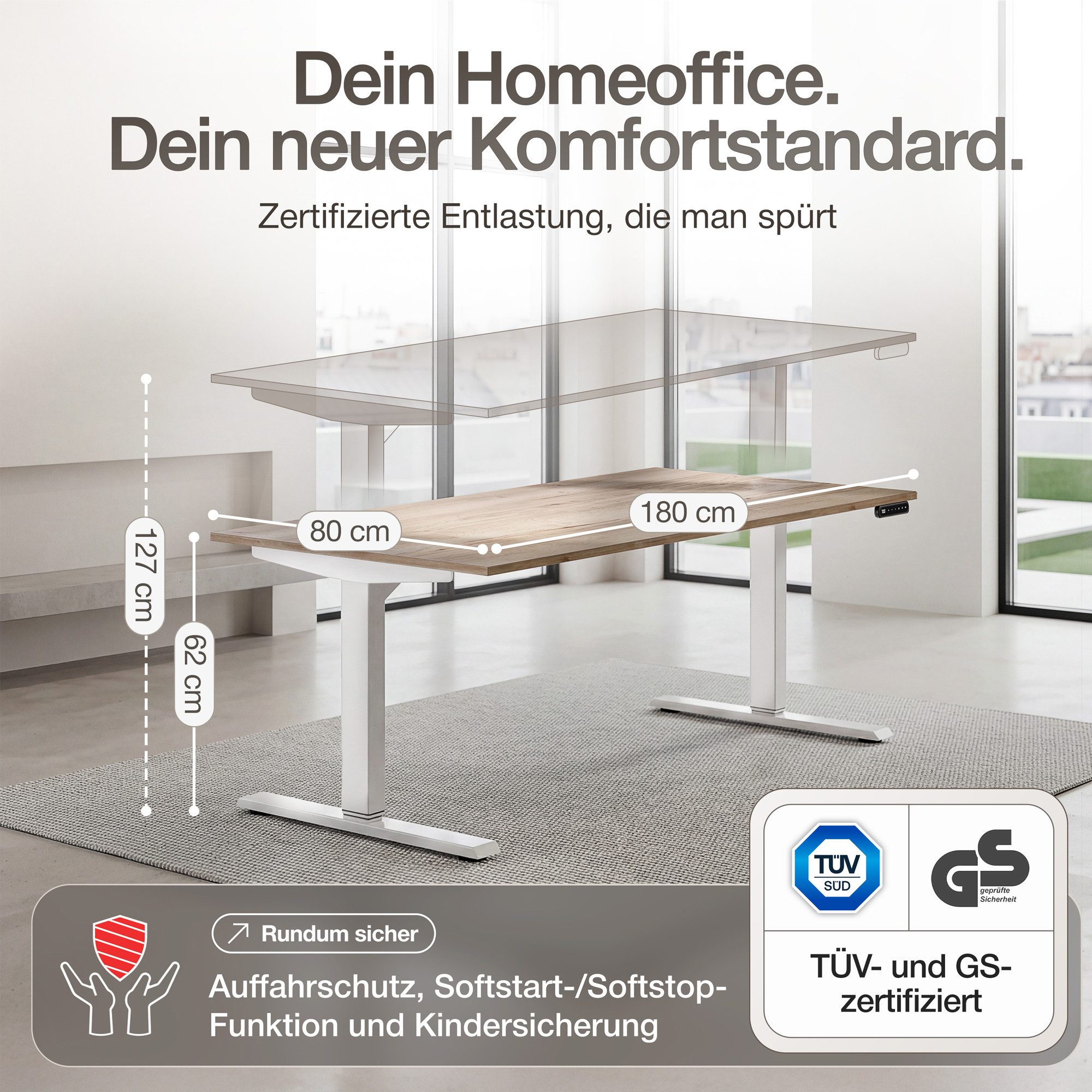 ASSMANN Büromöbel Schreibtisch Y-LINE (180x80cm Silber Schwarz Kollisions-Schutz, Elektrisch höhenverstellbar, Kindersicherung 2-fach-Motorik Doppelhub, einfache Montage, für Büro und Homeoffice), TÜV-zertifiziert, Blauer Engel, 5 Jahre Herstellergarantie