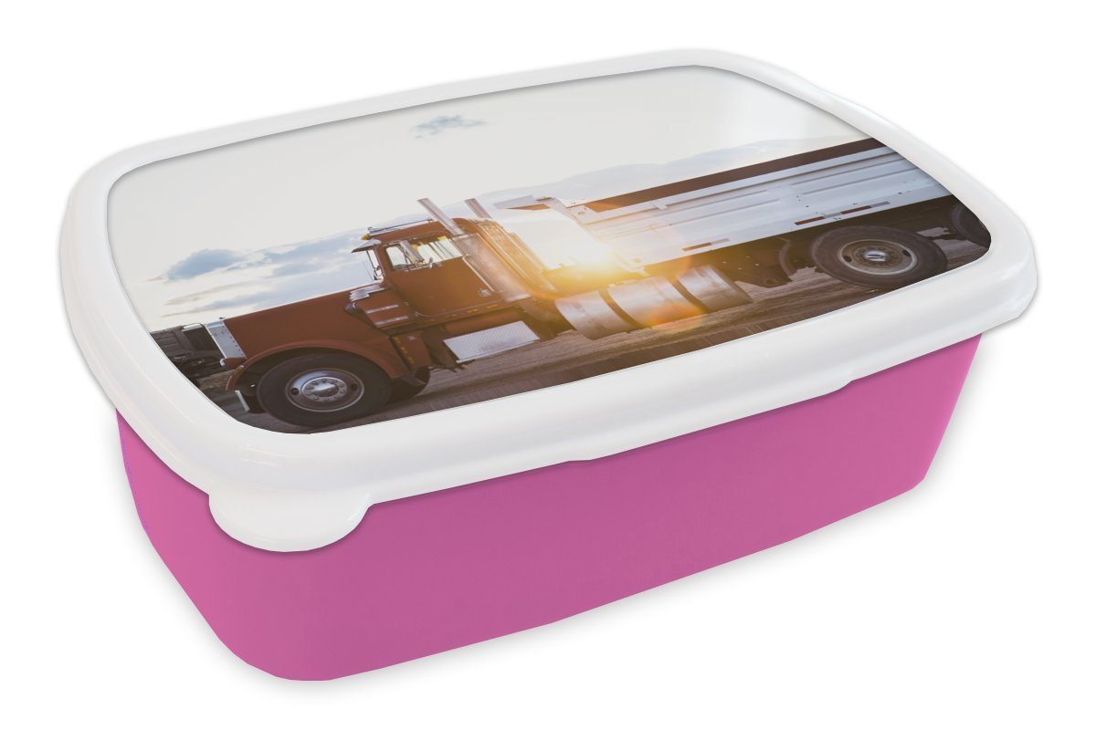 MuchoWow Lunchbox Sonnenstrahlen Kunststoff des Mädchen, Snackbox, Brotbox entlang Kunststoff, Brotdose (2-tlg), amerikanischen Trucks, für Kinder, rosa Erwachsene