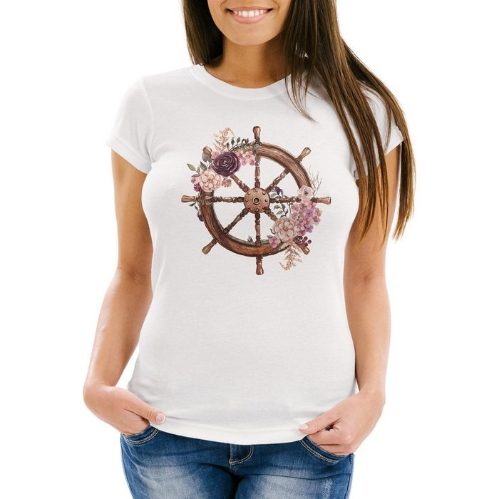 Neverless Print-Shirt Damen T-Shirt Steuerrad Blumen Wasserfarben Watercolor Slim Fit Neverless® mit Print