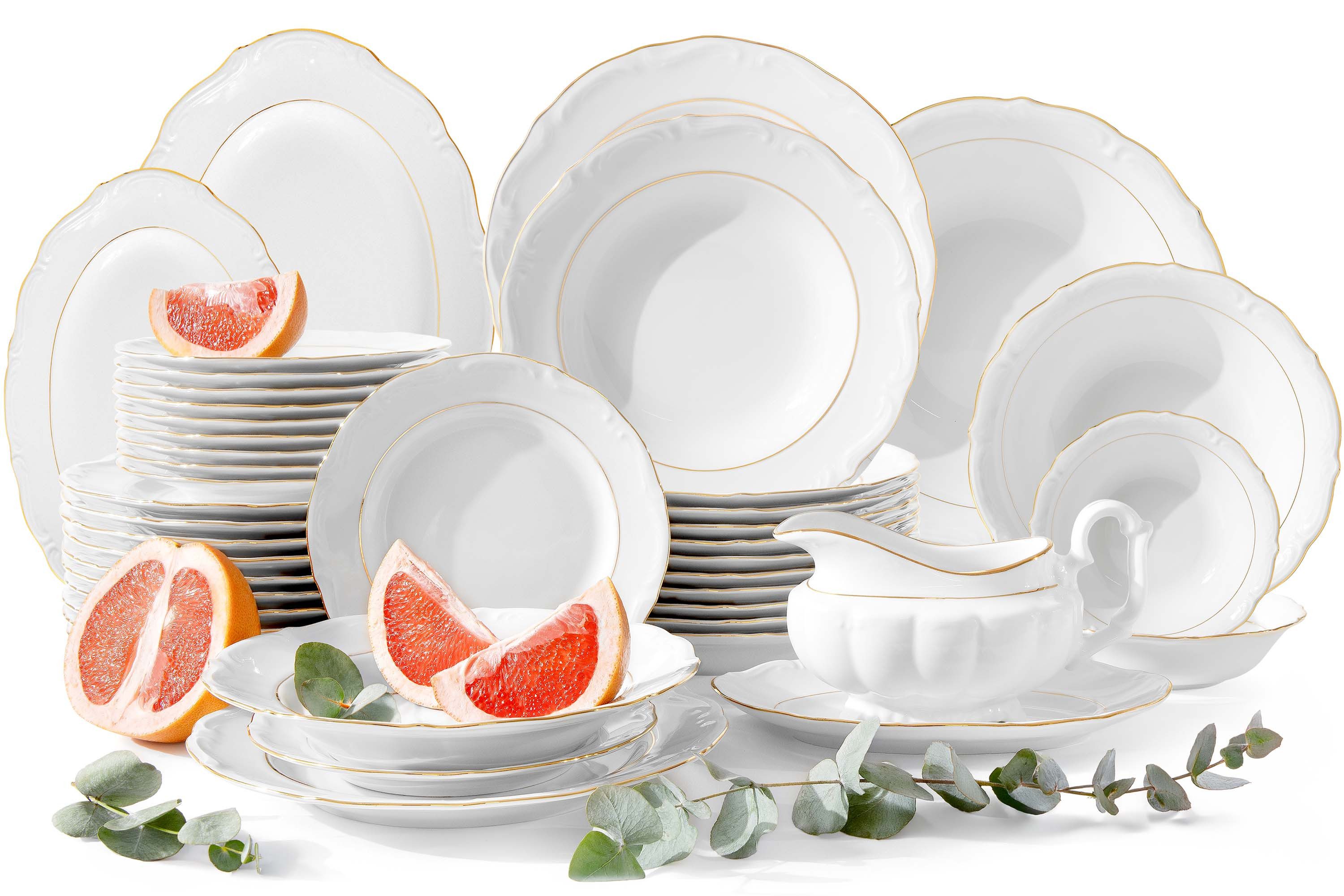 KONSIMO® Kombiservice CHODZIEZ MARIA TERESA Geschirrset, Hochwertiges Premium-Porzellan (44-tlg), 12 Personen, Porzellan, mit eleganten Verzierungen, Handdekoration in echtem Gold