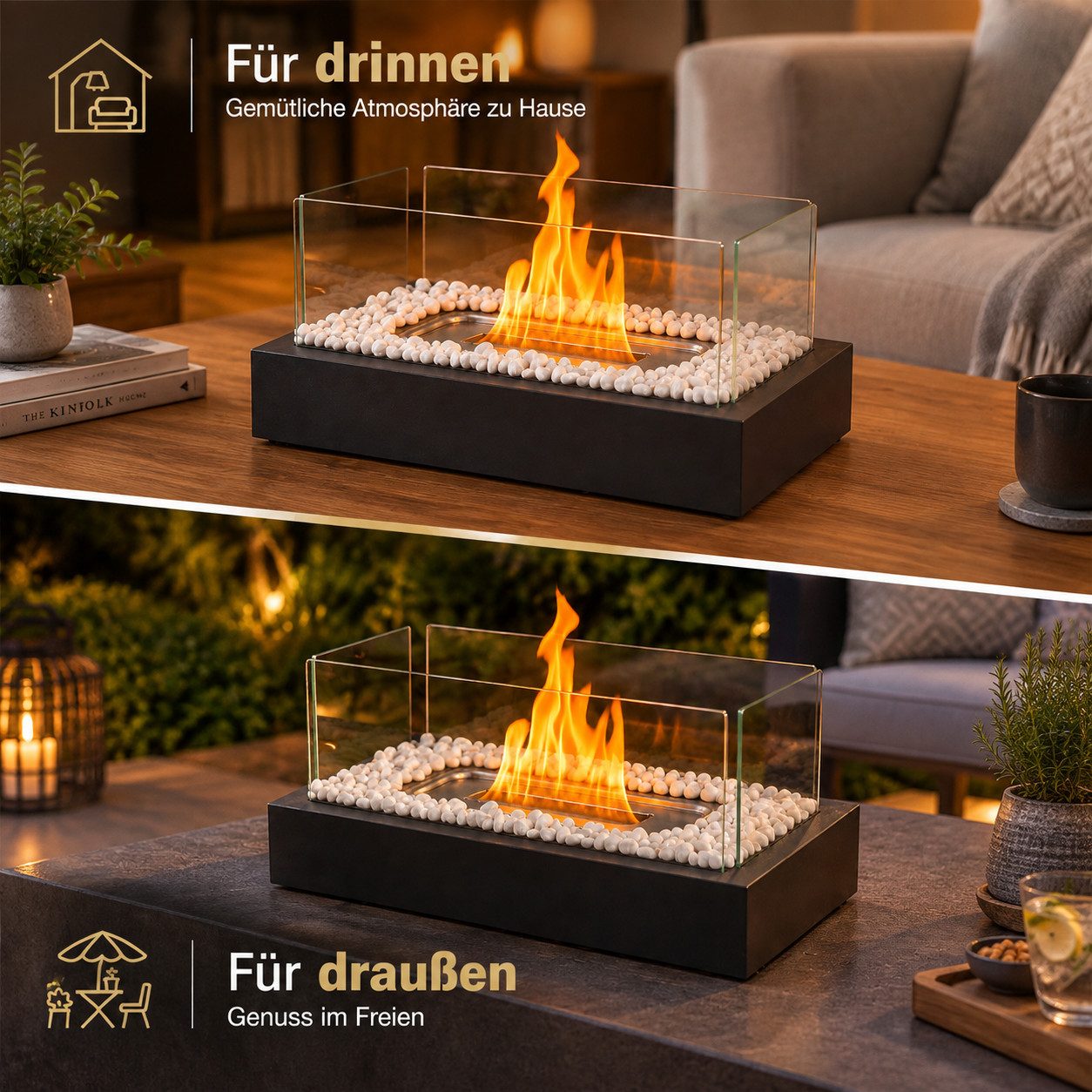 Nettlife Tischfeuer Ethanol Tischkamin Eckig/Rund Kamin Indoor Outdoor Tischfeuerstelle (Set, für Tisch, Terrasse, Balkon & Garten), Die Party Geschenkideens od – Bild 2 von 5