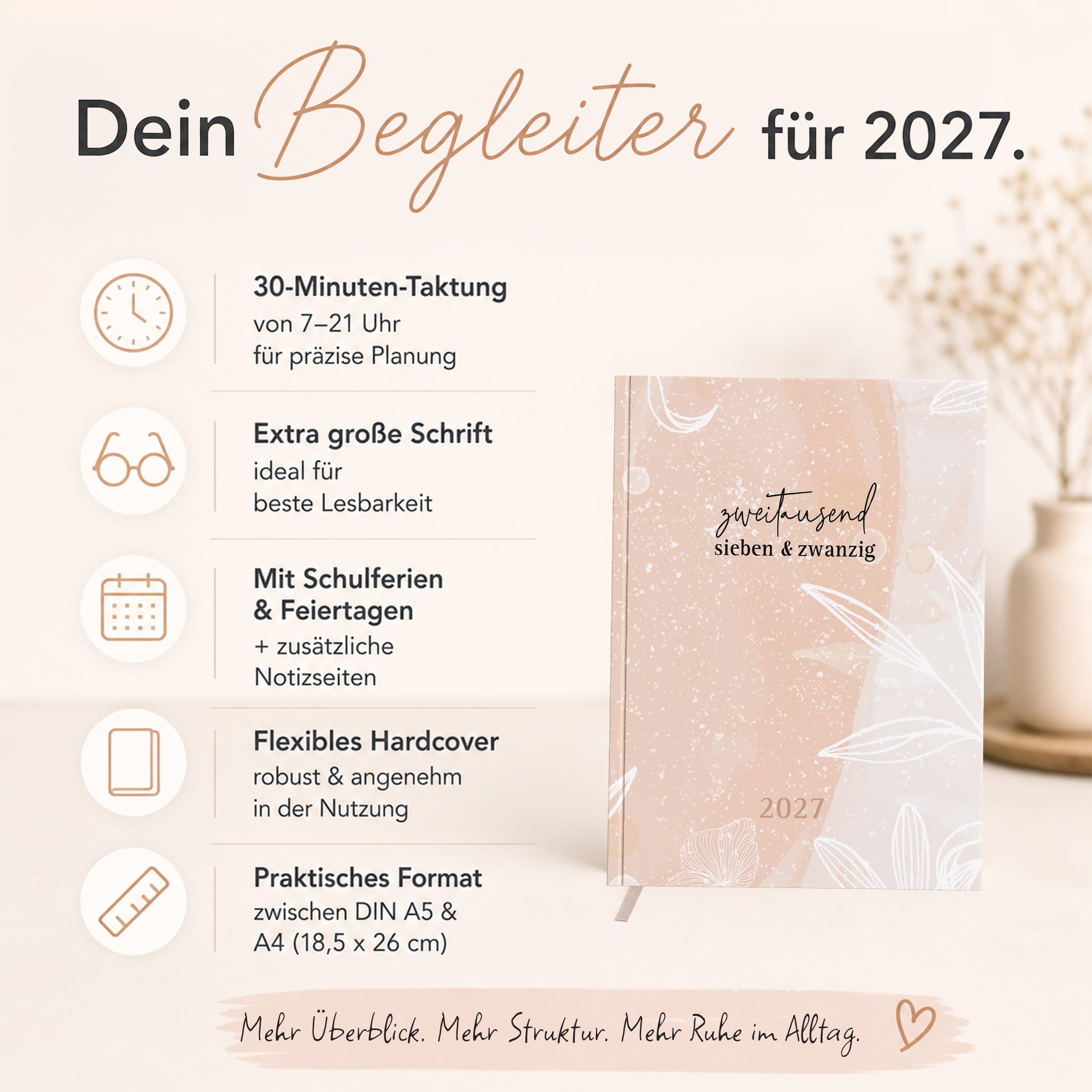 TOBJA Buchkalender Buchkalender 2027 Wochenplaner rosa Aquarell OptiPlaner Rosé FSC, Aquarell-Design altrosa, 30-Min-Taktung, 18,5x26 cm, FSC, 4-sprachig – Bild 2 von 5