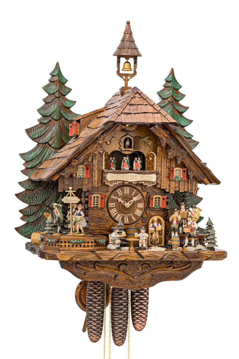 Cuco Clock Pendelwanduhr (Kuckucksuhr „Waldkonzert“ Wanduhr aus Holz - 8 - Tage Werk - automatische Nachtabschaltung)