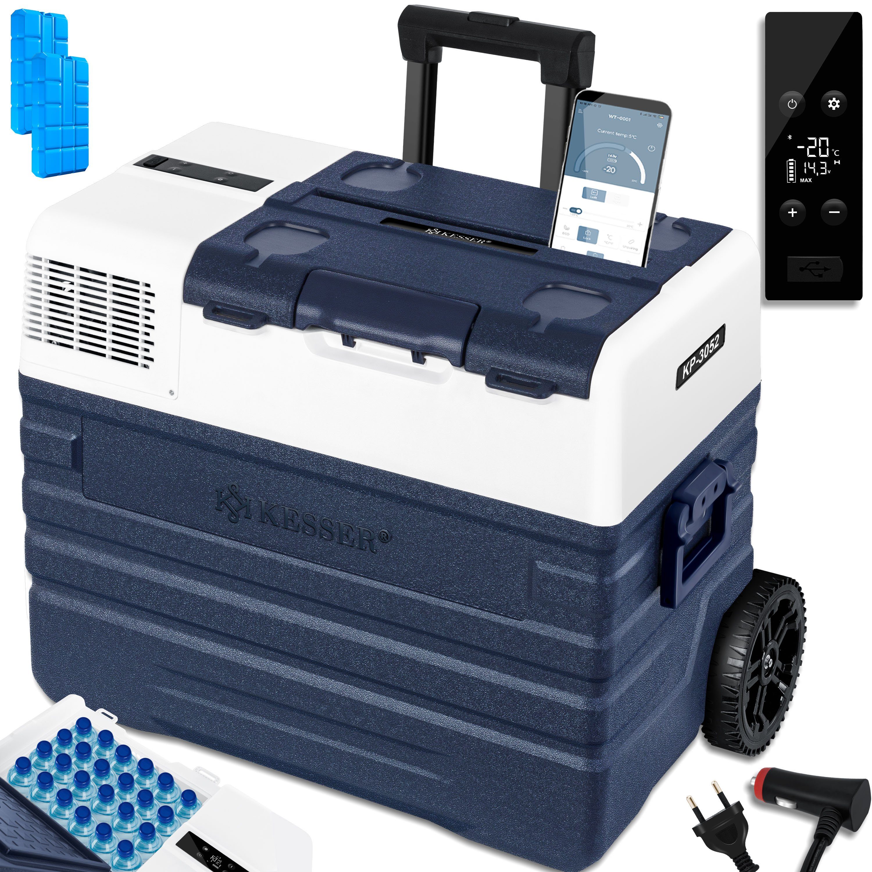 KESSER Kühlbox Kompressor Kühlbox elektrisch Gefrierbox APP-Steuerung USB-Anschluss, 52 l, 12/24 V 230V, +Teleskopstange, 2x Kühlbox Räder Kühlschrank -20 °C