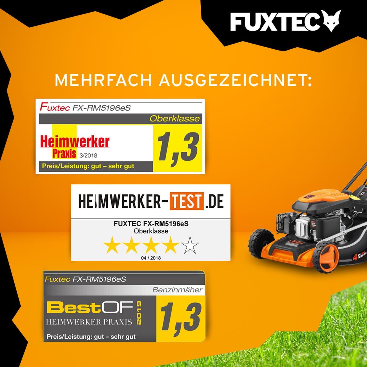 FUXTEC Benzinrasenmäher FX-RM5196eSSL, 51 cm Schnittbreite, 50 cm Schnittbreite, 60 L Fangkorb, Auto-Choke-System, E-Start, 5,3 PS