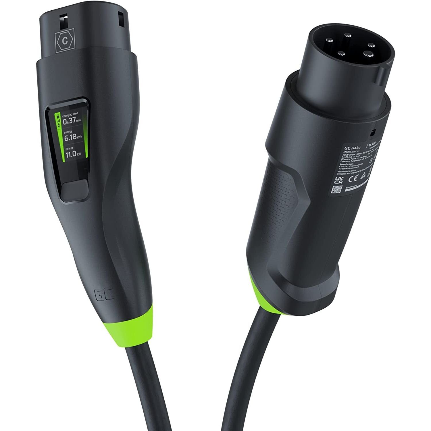 Green Cell Habu EV Mobiles Ladegerät 11 kW 7 m Typ 2 Wallbox Bluetooth Autoladekabel, Typ 2-Stecker, Typ 2 (7 cm), Ladeleistung über Display kontrollieren