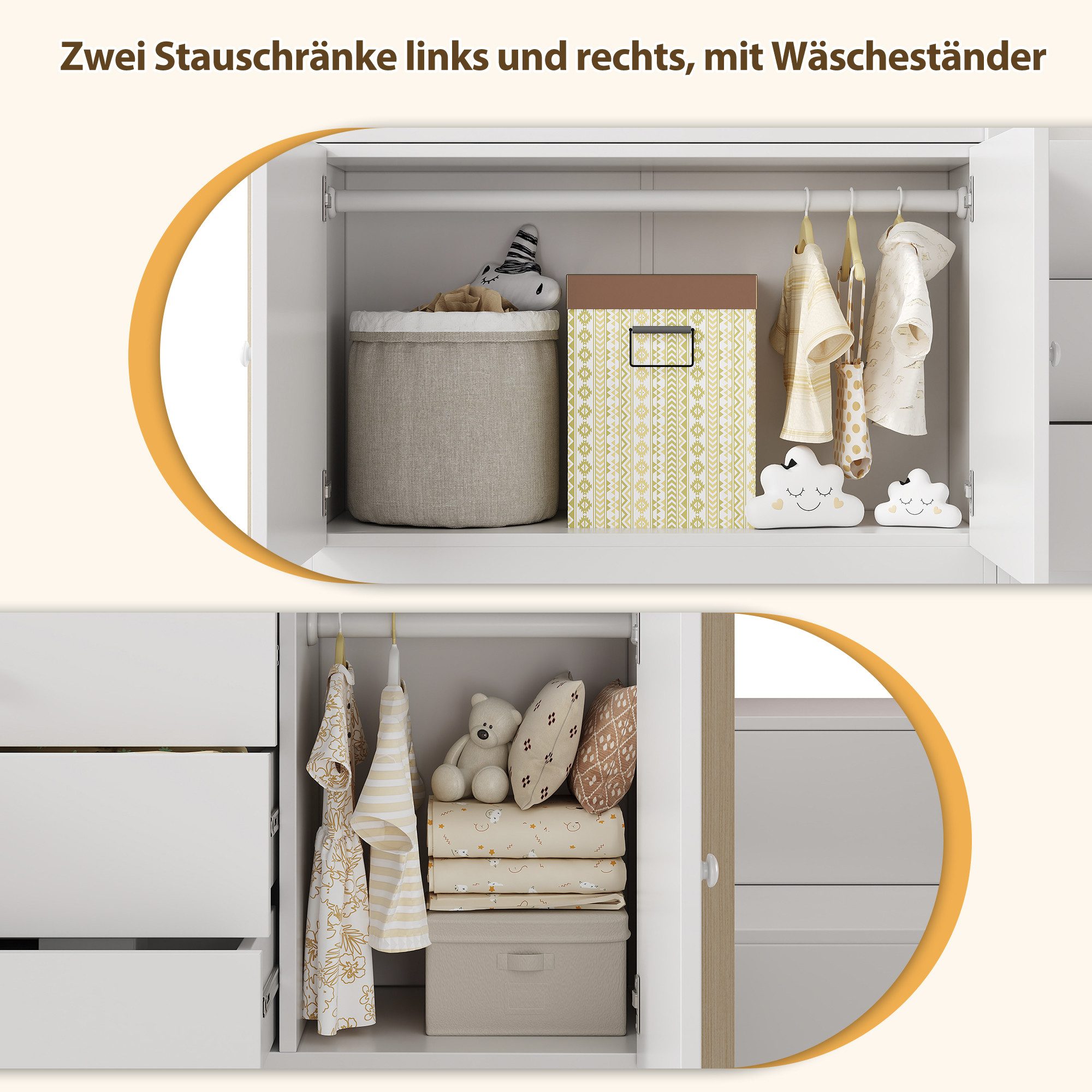 Merax Hochbett Kinderbett 90x200cm mit Stauschränken Schubladen Wäschestange & Treppe