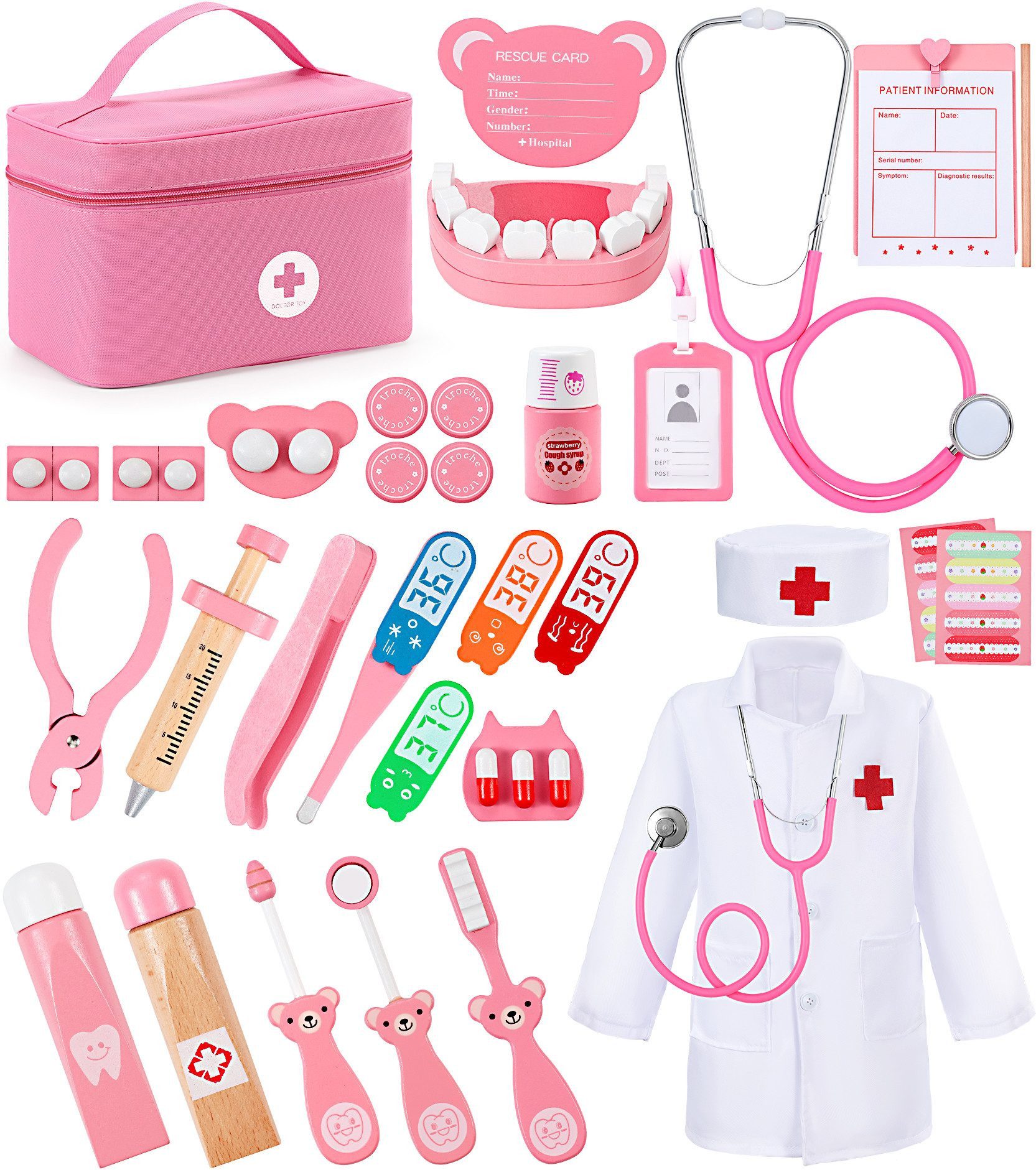 Ophy Spielzeug-Arztkoffer Holz-Arztkoffer Spielset für Kinder ab 3 Jahren, (pädagogisches medizinisches Spielzeug), realistisch & sicher (Arztkoffer aus Holz)