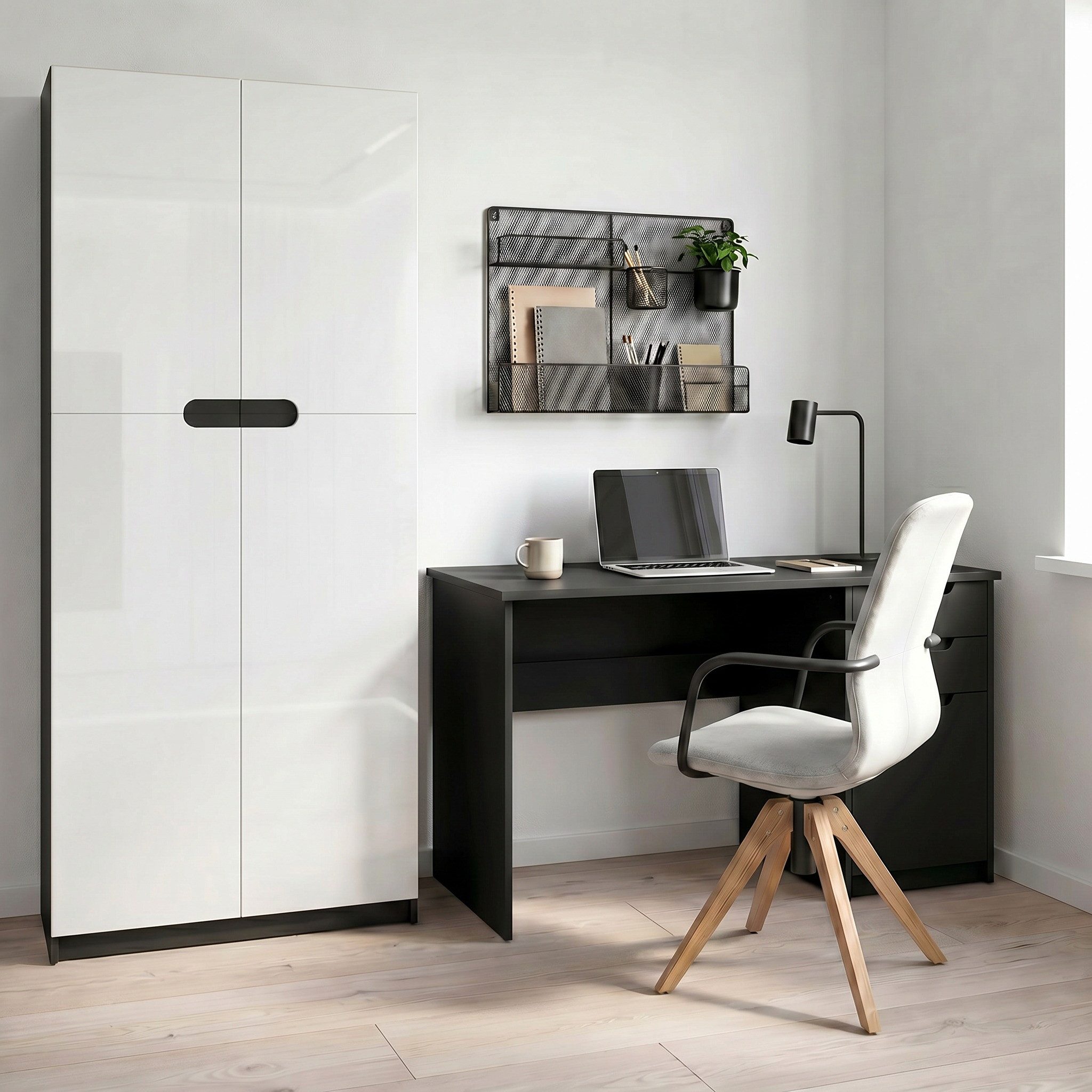 Vladon Aktenschrank Logan (Aktenschrank, mit 5 Fächern und 4 Türen) Schwarz matt/Weiß Hochglanz (82 x 184 x 37 cm) – Bild 2 von 5