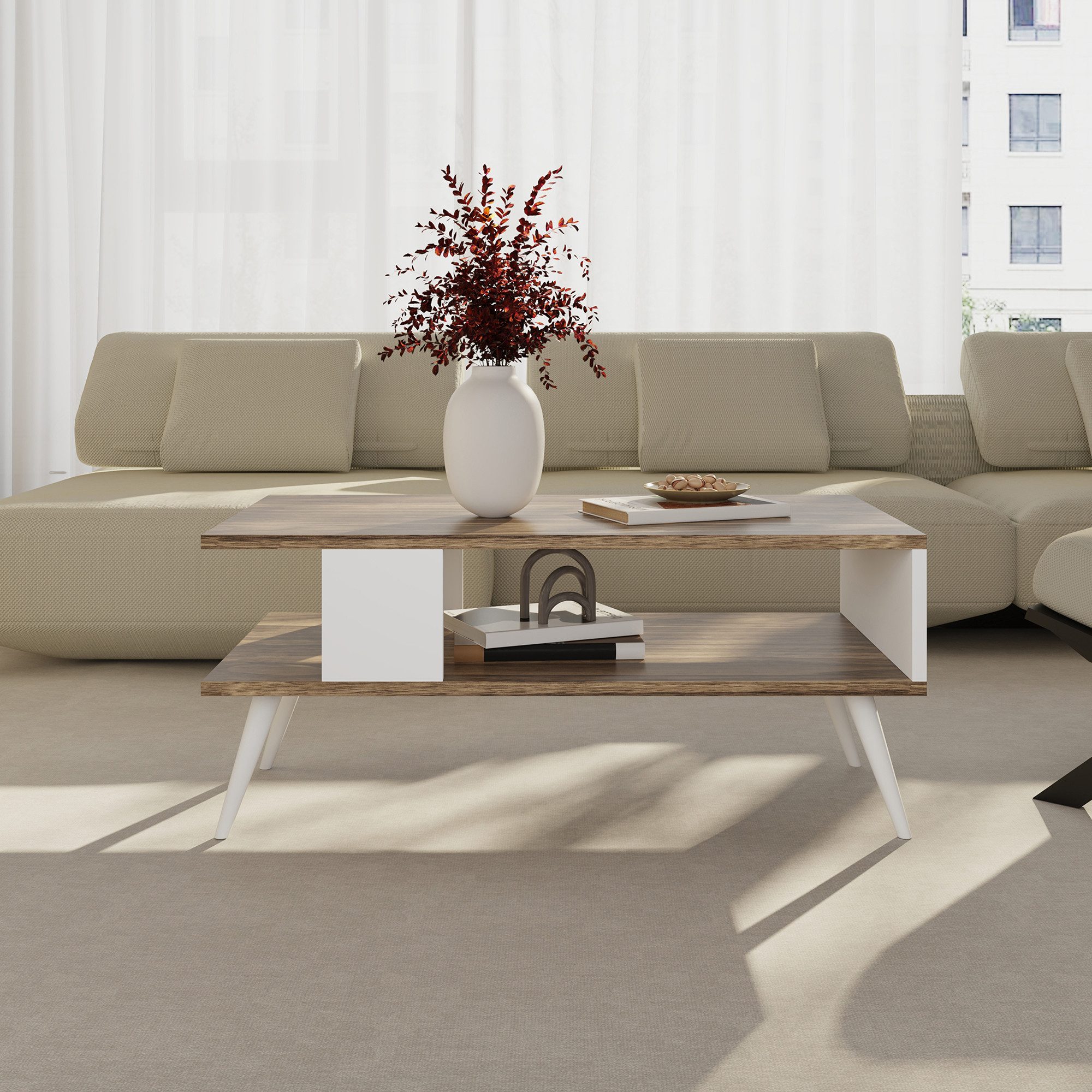 en.casa Couchtisch, »Lycksele« Wohnzimmertisch 40x90x45cm Walnuss-Optik/Weiß