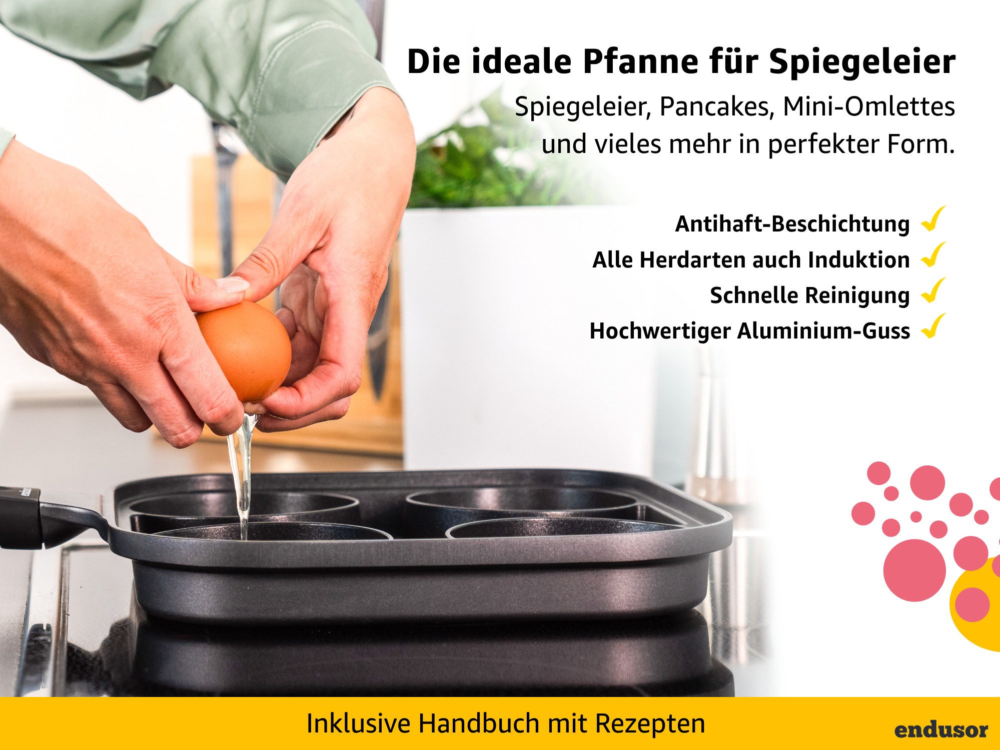 endusor Bratpfanne Spiegeleipfanne Pancake Pfanne (27cm), Aluminiumguss (inkl. Glasdeckel, Alle Herdarten auch Induktion), Antihaft-Beschichtung & Eisenkernboden für Spiegelei, Pancakes & Mehr