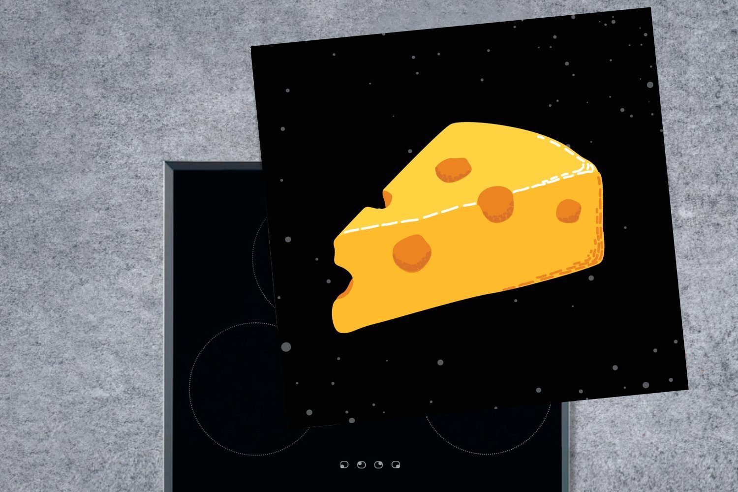 MuchoWow Herdblende-/Abdeckplatte Illustration eines Käseblocks Arbeitsplatte schwarzem Hintergrund, 78x78 cm, für (1 Vinyl, küche tlg), Ceranfeldabdeckung, auf