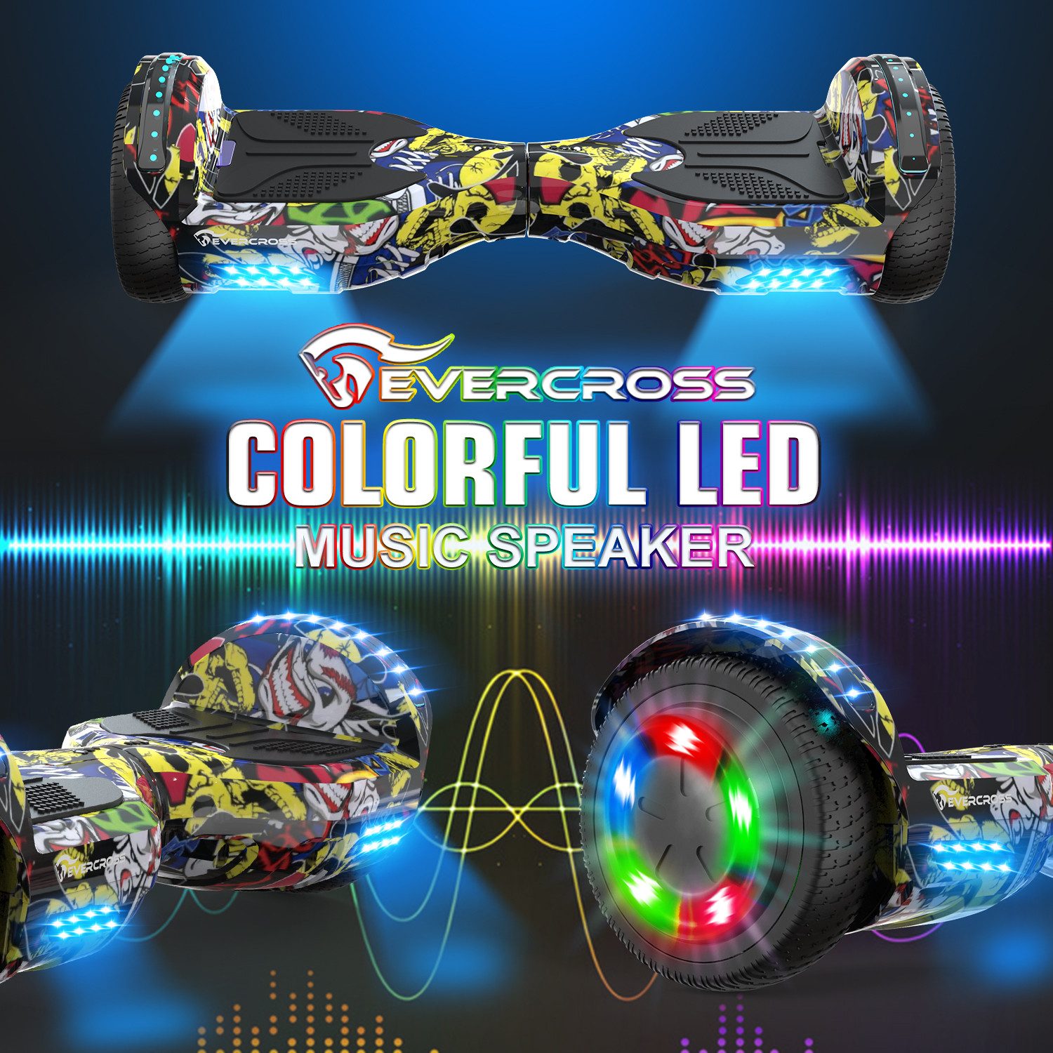 EVERCROSS TECH Balance Scooter 6.5” Hoverboard mit Sitz, Leuchtende Reifen, Bluetooth-Musik, LED-Lichter, bis zu 10-15 km, Geschenke für Kinder
