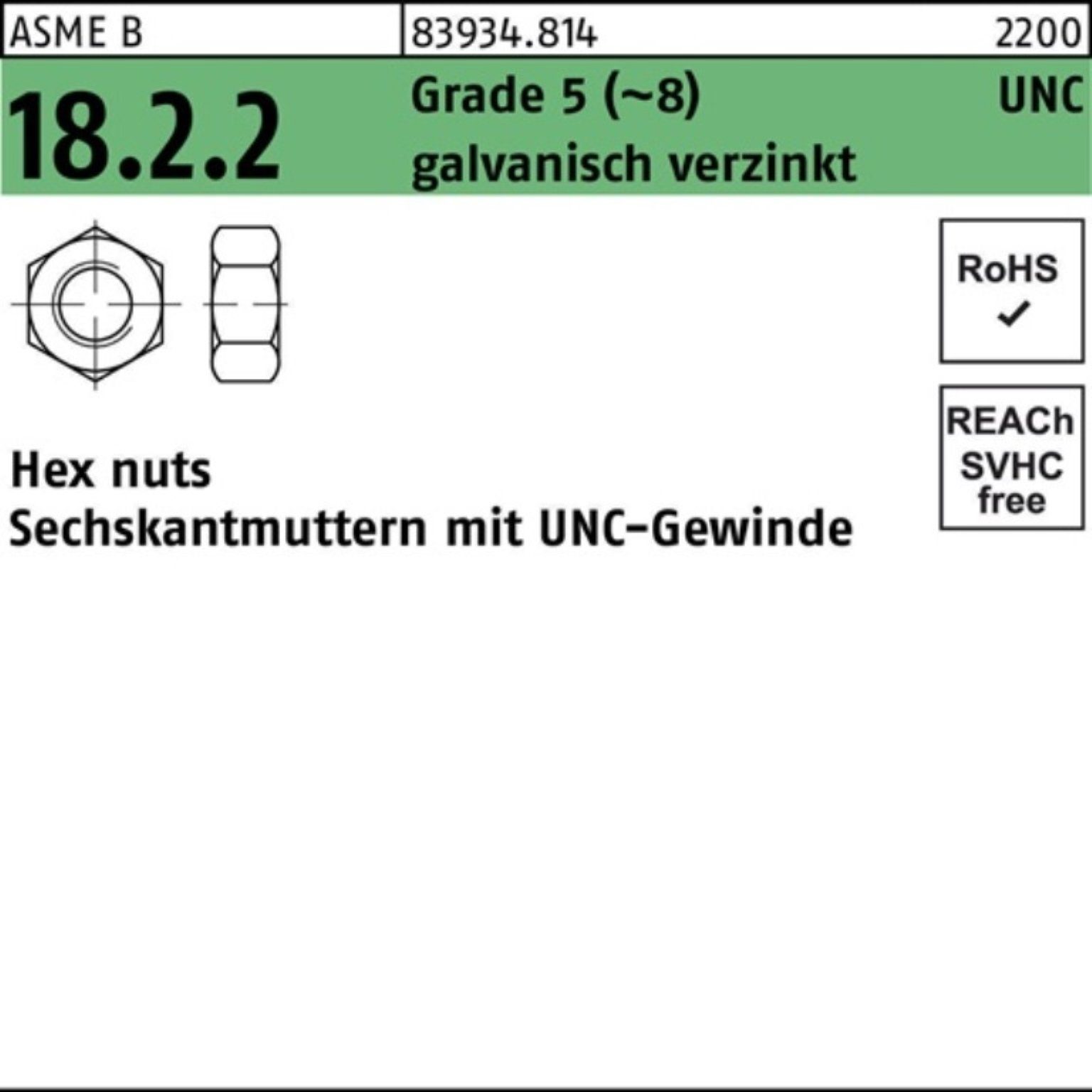 Muttern Grade UNC-Gewinde 83934 (8) galv.v Pack 5 R 3/4 Sechskantmutter 100er Reyher