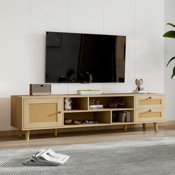 REDOM TV-Schrank Lowboard Unterschrank (2 Schubladen, 1 Tür,für 70-Zoll-Fernseher) Premium 160 cm Holzfarbenes Rattan-TV-Ständer