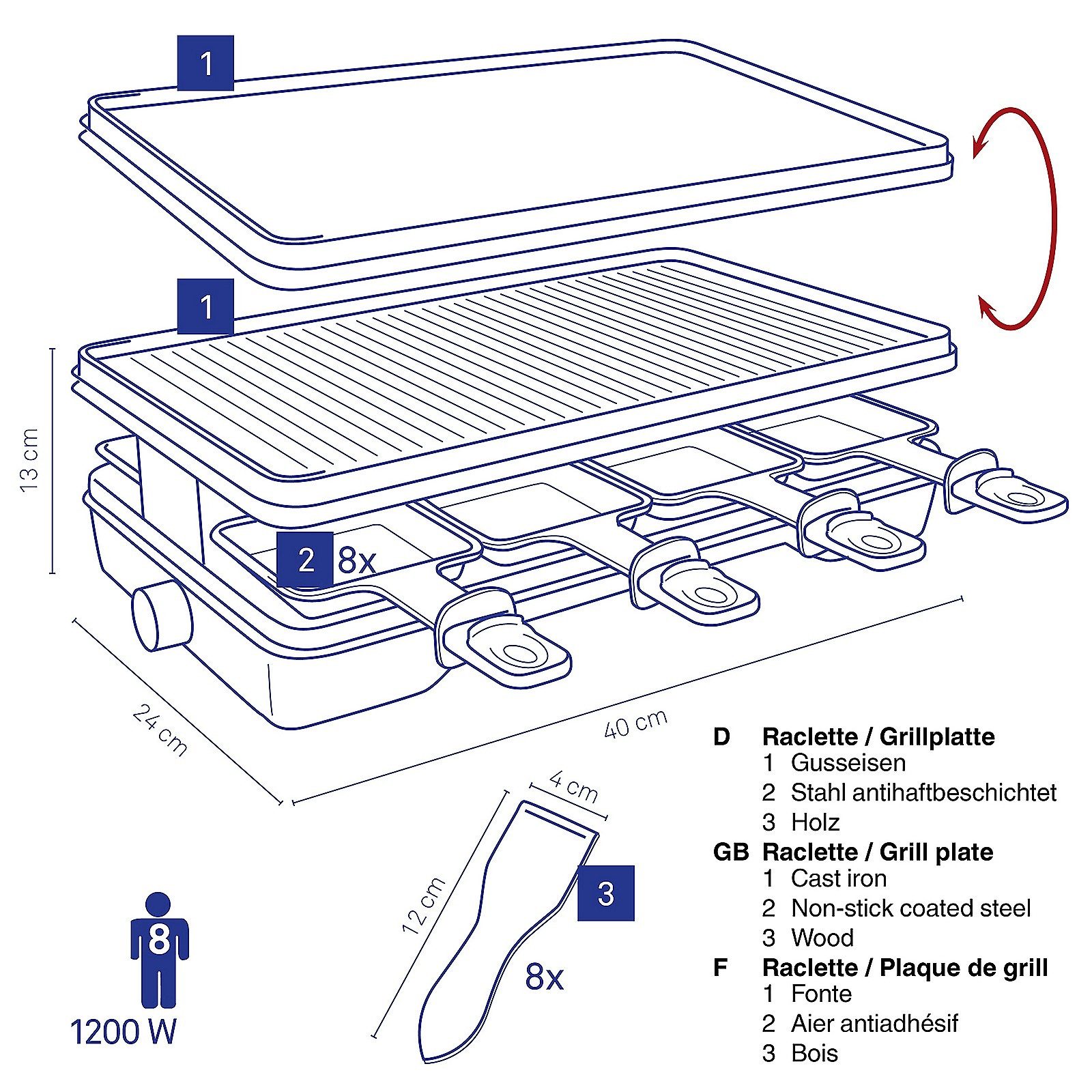 kela Raclette Geneva, 8 Raclettepfännchen, 8 Personen, drehbare Grillplatte, stufenlos regulierbar, 2m Kabel