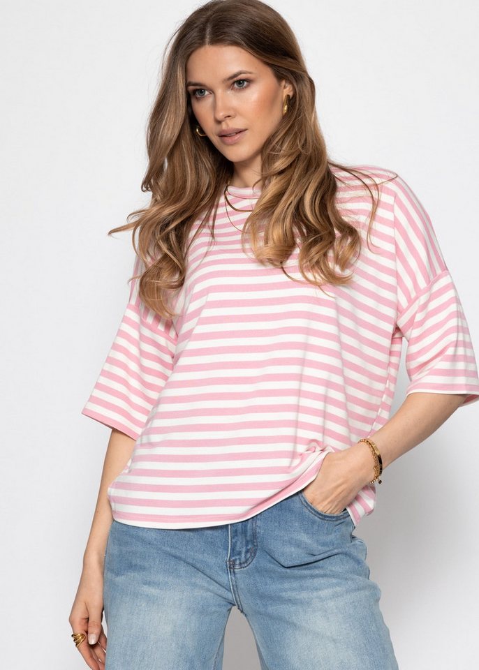 SASSYCLASSY T-Shirt Oversize T-Shirt mit Streifen für Damen Lässiges Shirt mit Rundhalsausschnitt und weiten Ärmeln Rosa Weiß