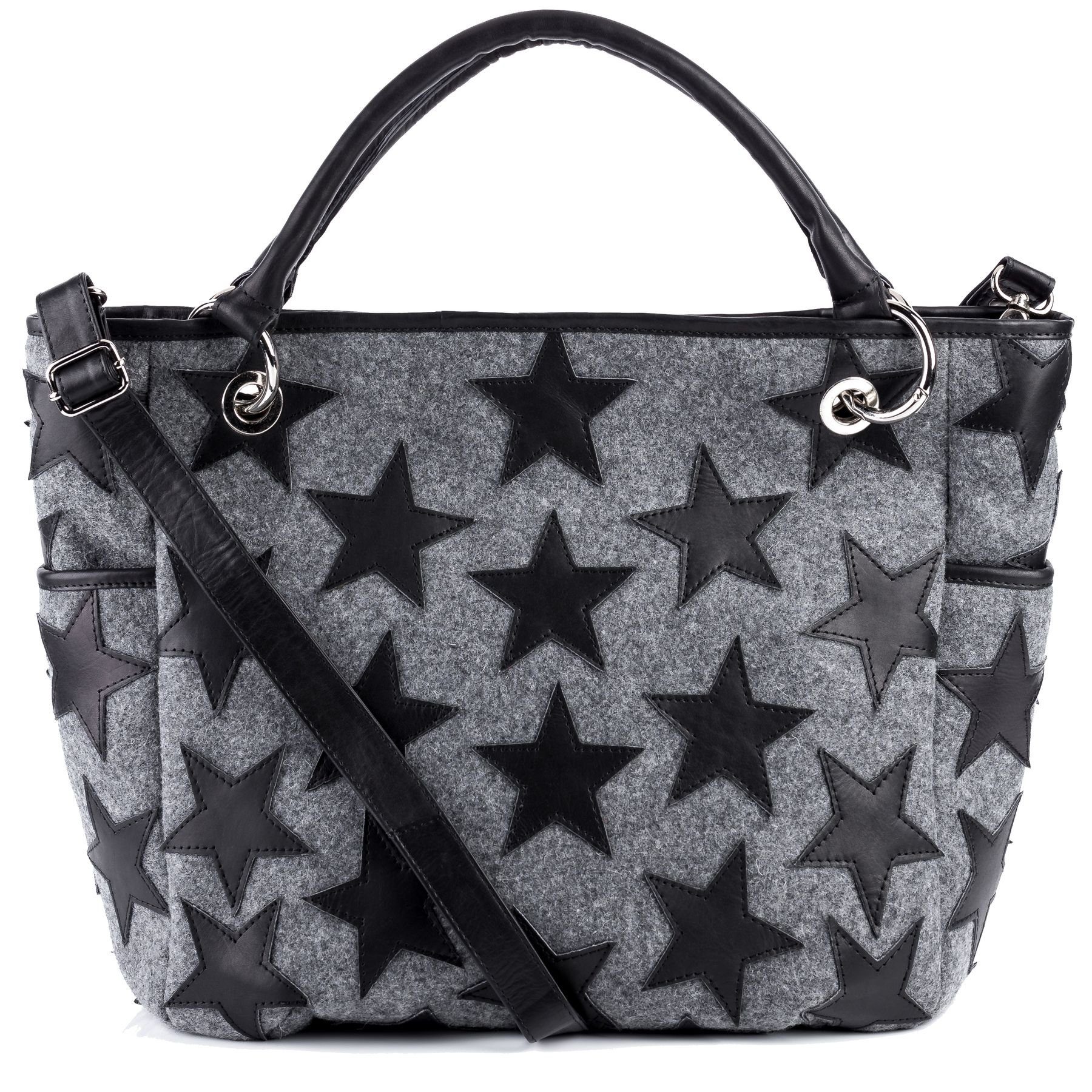 FEYNSINN Handtasche Leder Henkeltasche Damen STARS, Schultertasche Filz Echtleder für Damen, Shopper schwarz-grau