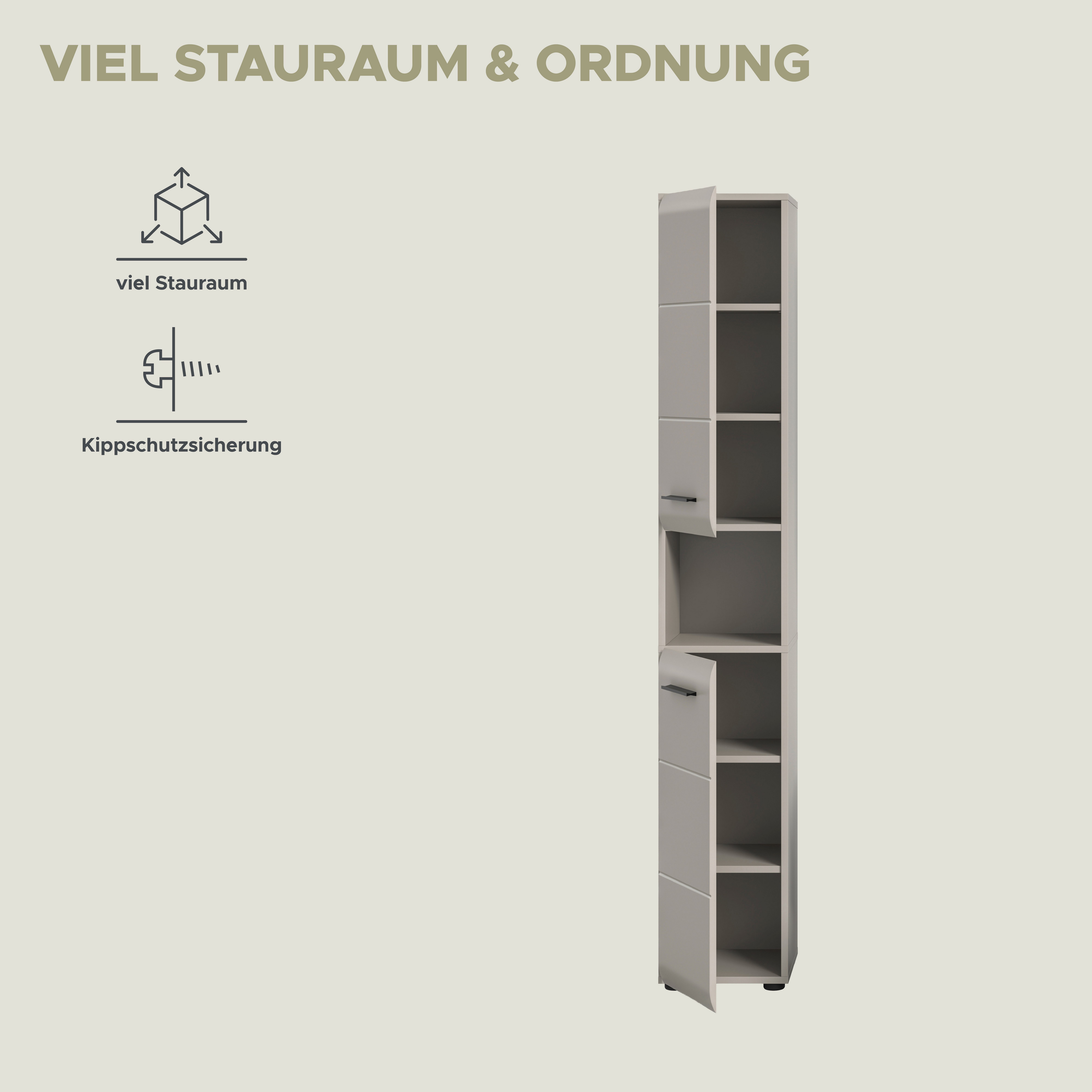 welltime Stauraumschrank FLORENZ, Höhe 185cm, 2 Türen, 7 Fächer, 4 Einlegeböden (1-St., TOPSELLER) Florenz, Badschrank Hoch, Kaschmir, 185 cm Höhe – Bild 4 von 5