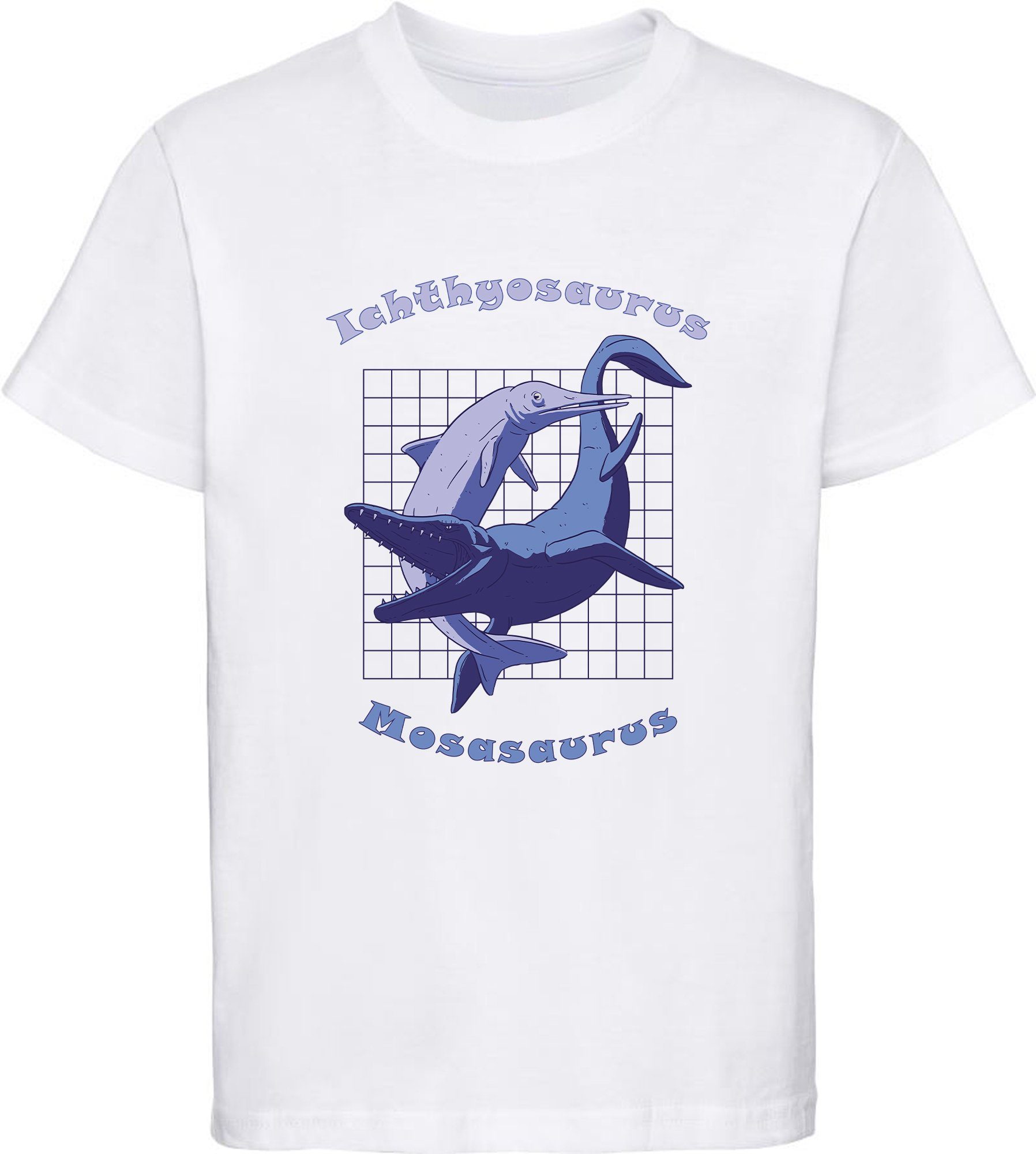 MyDesign24 Print-Shirt bedrucktes Kinder T-Shirt mit Ichthyosaurus und Mosasaurus Baumwollshirt mit Dino, schwarz, weiß, rot, blau, i89 weiss