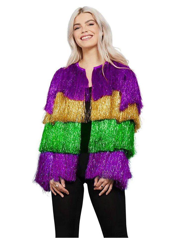 Smiffys Kostüm Lametta Festivaljacke Mardi Gras, Knallbunte Jacke mit metallischen Fransen