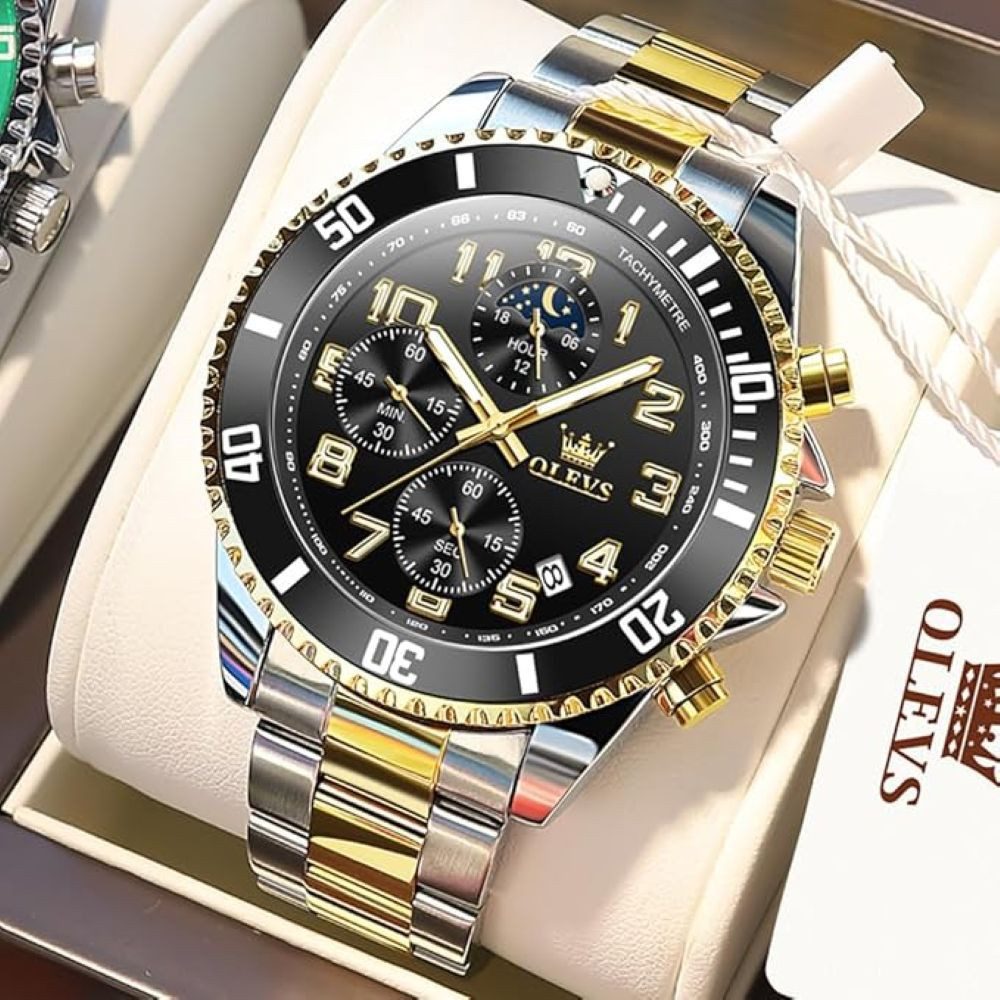 OLEVS Quarzuhr Herren Chronograph Uhr mit Tag Nacht Anzeige Edelstah Bi Color Armband
