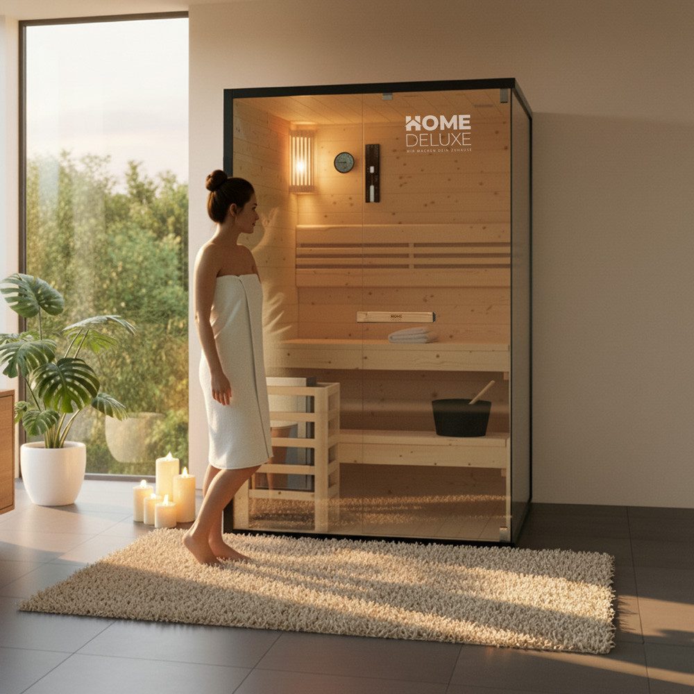 HOME DELUXE Sauna SHADOW M, BxTxH: 120 x 120 x 190 cm, 44 mm, (inkl. 3,6 kW Saunaofen & komplettem Zubehör) für 2 Personen, Hochwertiges Fichtenholz, Traditionelle Sauna