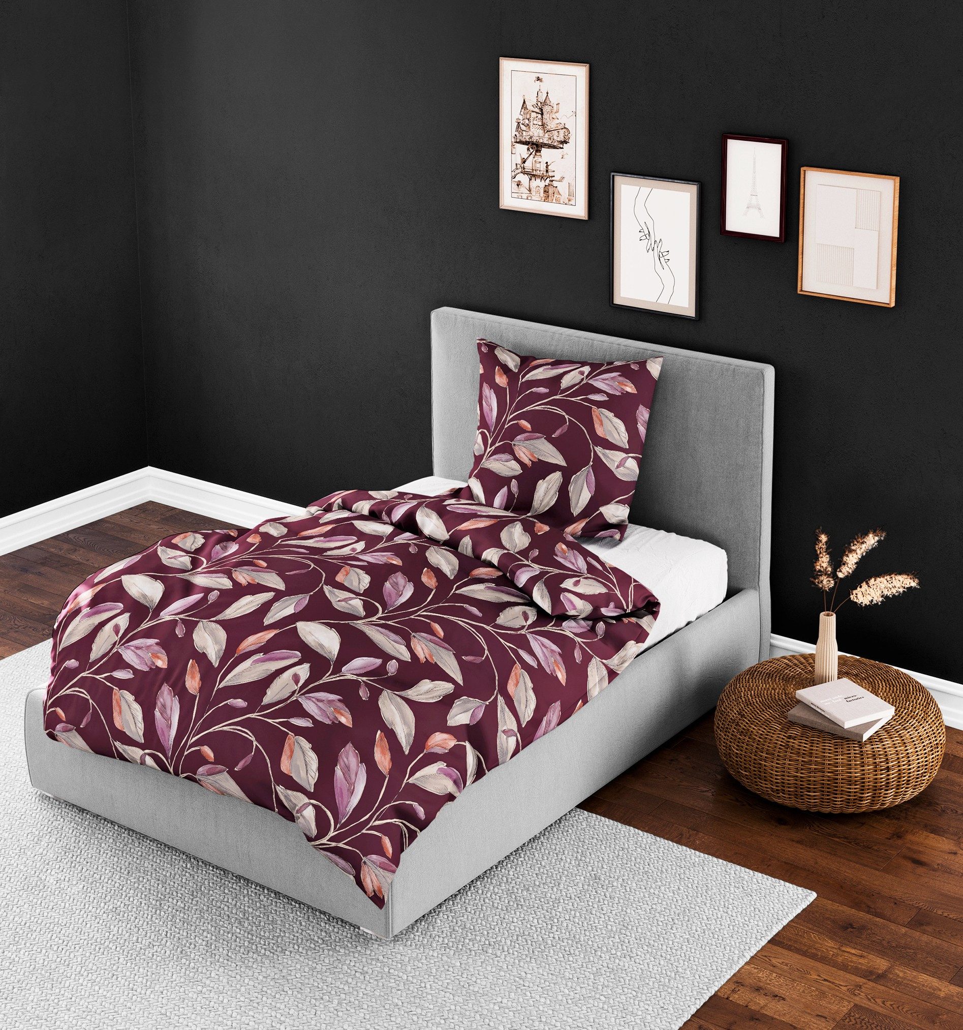 BIERBAUM Bettwäsche 135x200cm, Blätter Blatt Bordeaux Lila Orange Bierbaum, Satin, 2 teilig, seidiger Glanz, elegantes Motiv