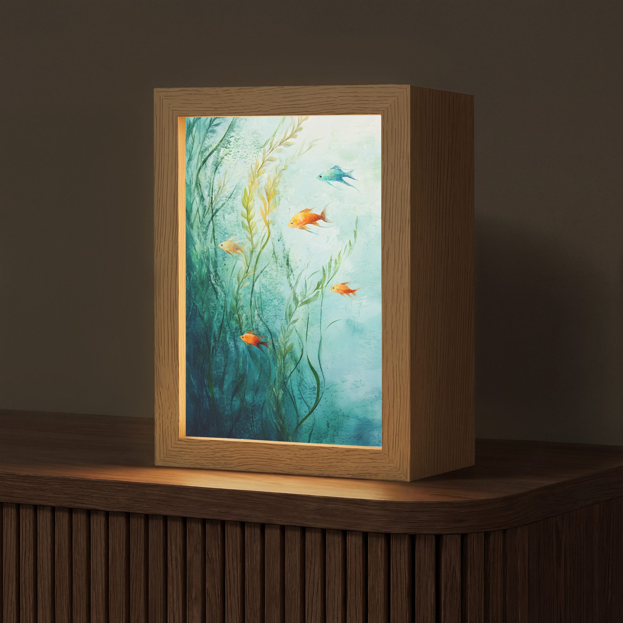 OnlyWow Tischleuchte Lightbox Wasserpflanzen - Fische - Farbenfroh - Wasser, Dimmbar, Farbwechsel, LED, Warmweiß, Kaltweiß, Neutralweiß Einstellbar, Tischlampe, Schreibtischlampe, Desk, Dimmbar, mit Kabel, LED