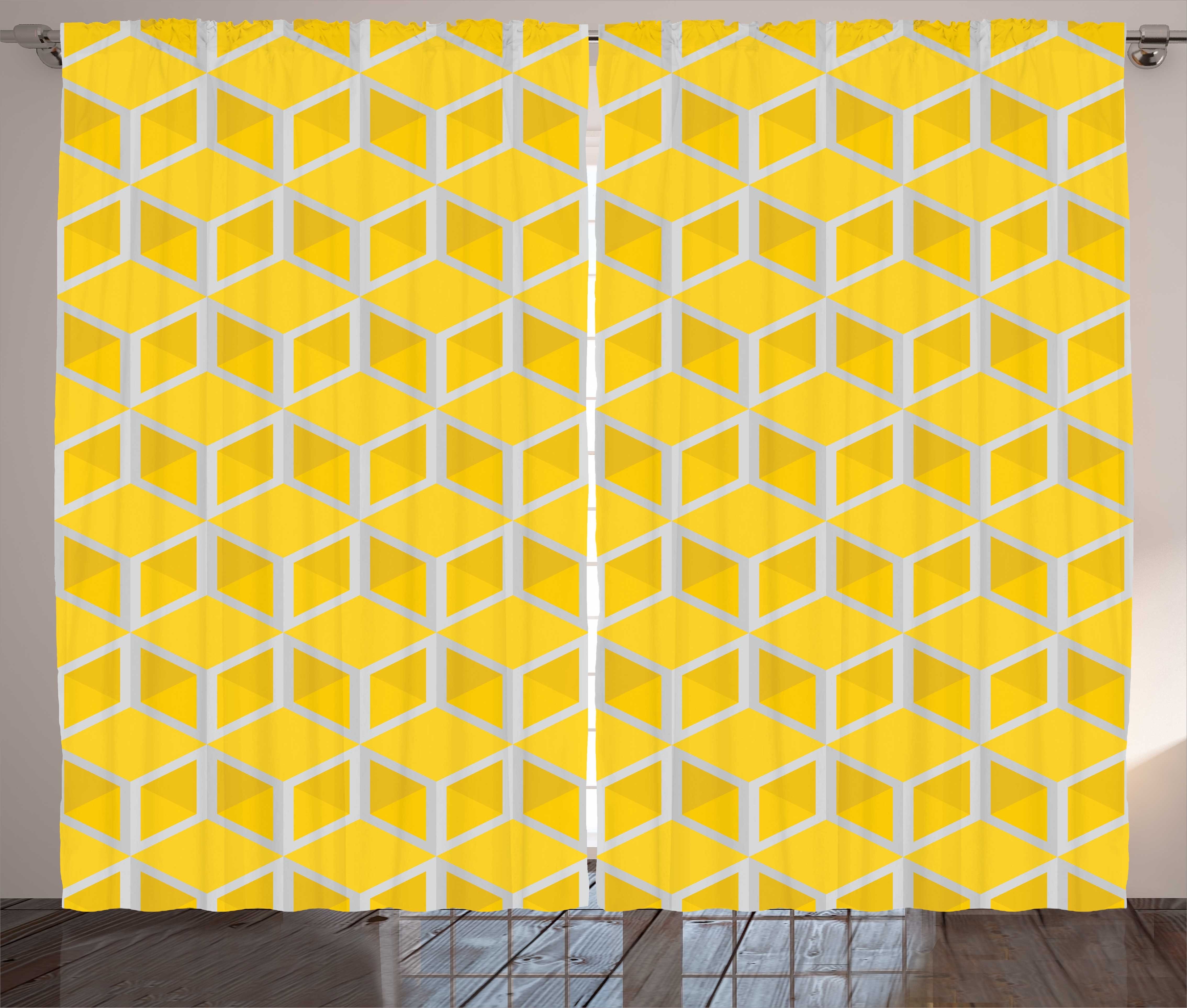 Gardine Schlafzimmer Kräuselband Vorhang mit Schlaufen und Haken, Abakuhaus, grau Gelb abstrakte Bienenwaben