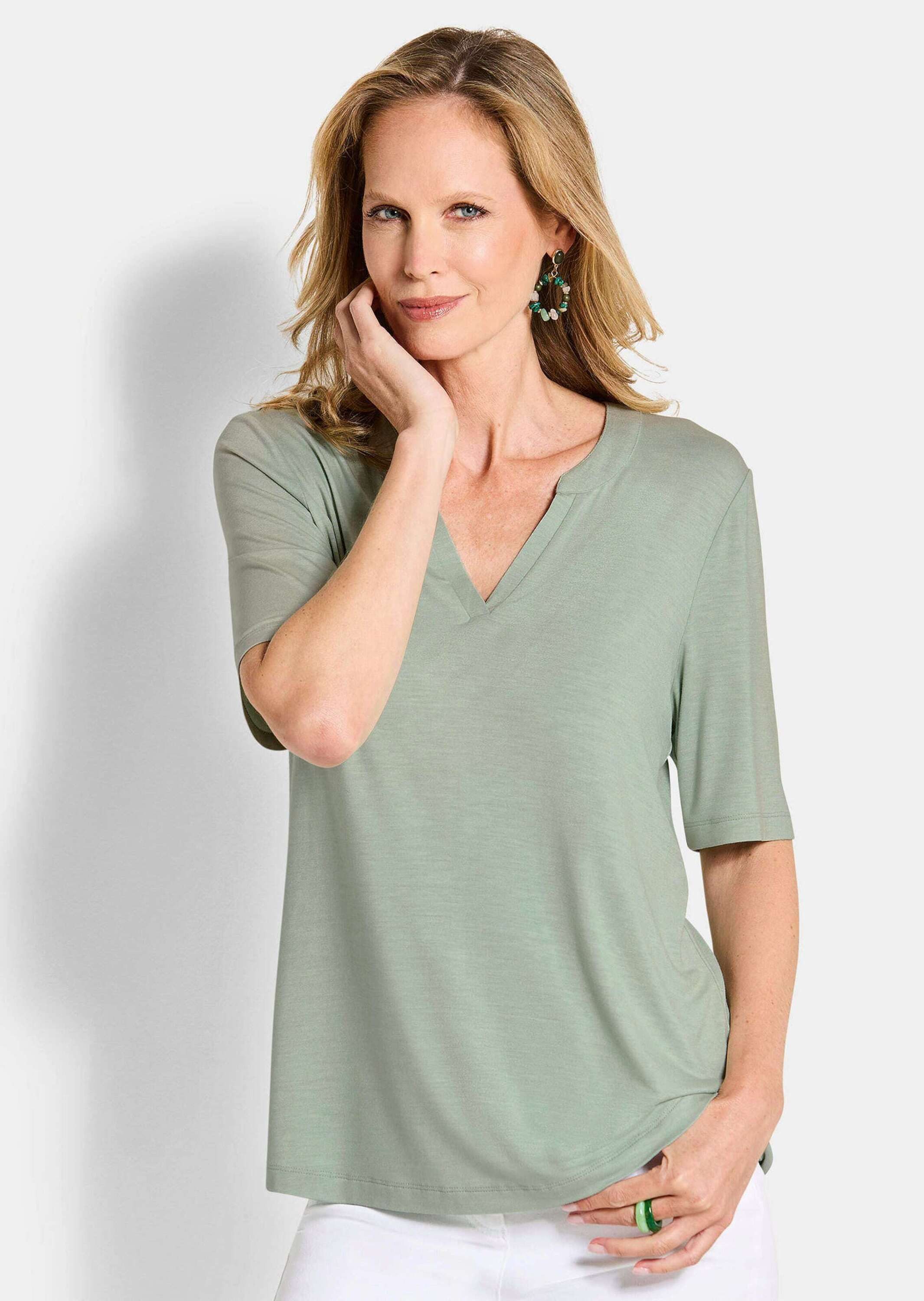 GOLDNER T-Shirt Jerseyshirt mit Blende Basicshirt mit Rundhals mit V-Ausschnitt und Halbarm