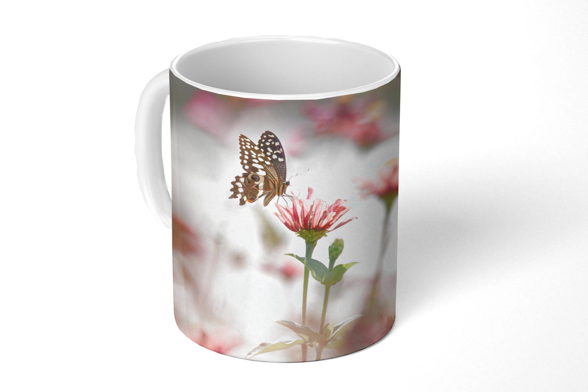 MuchoWow Tasse Schmetterling - Blume - Rosa, Keramik, Kaffeetassen, Teetasse, Becher, Teetasse, Geschenk