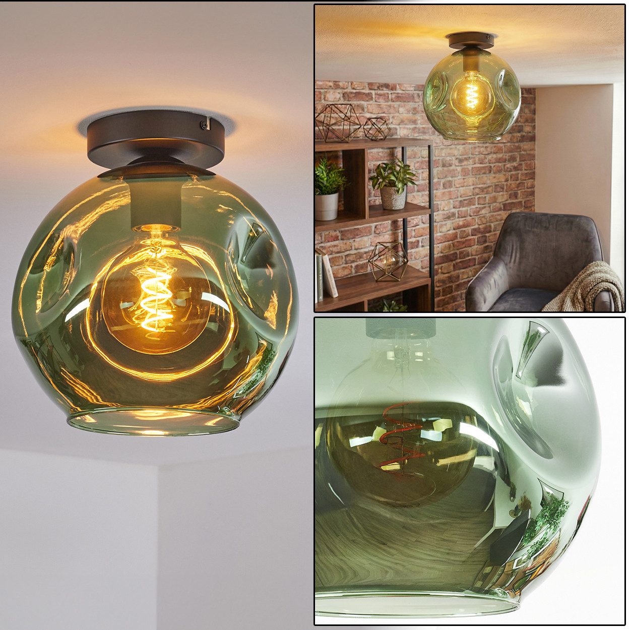hofstein Deckenleuchte Deckenlampe aus Metall/Glas in Schwarz/Grün, Deckenleuchte im modernen Vintage-Design (Schirm Ø 25 cm), 1 x E27