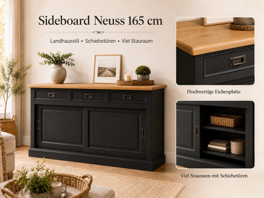 Wohnpalast Sideboard Sideboard Neuss 165 cm schwarz/eiche - Anrichte Landhaus Kommode mit S