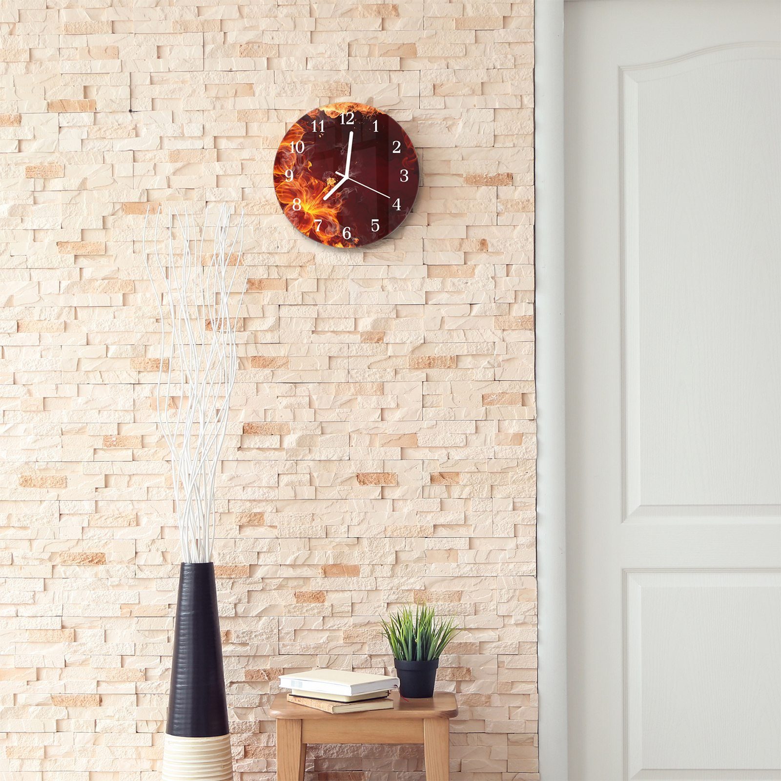 Primedeco Wanduhr mit 30 mit und Feuerblume Quarzuhrwerk - Motiv aus Durchmesser cm Wanduhr Rund Glas