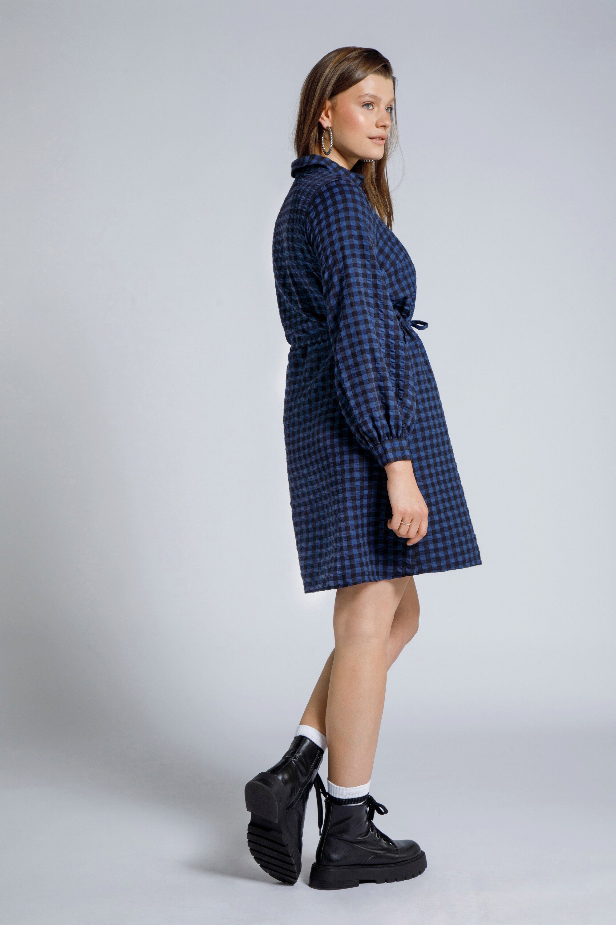 Damen Kleider Studio Untold Jeanskleid Mini Kleid A-Line Hemdkragen Langarm Karo Muster
