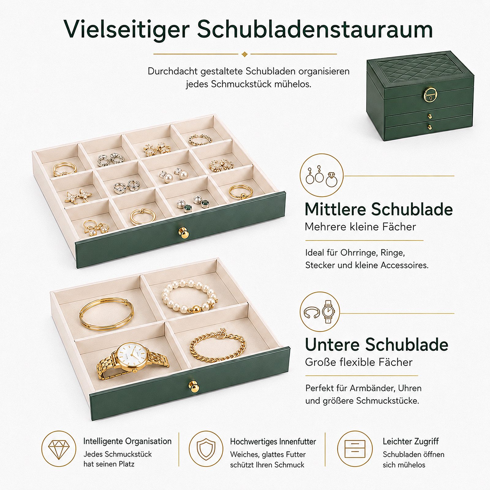 BlingBin Schmuckkasten Schmuckkästchen 3 Ebenen, Schmuckaufbewahrung mit 2 Schubladen (1er Set, 1 St., Schmuckschatulle, abschließbar, Tiefgrün), Schmuck Organi – Bild 5 von 5