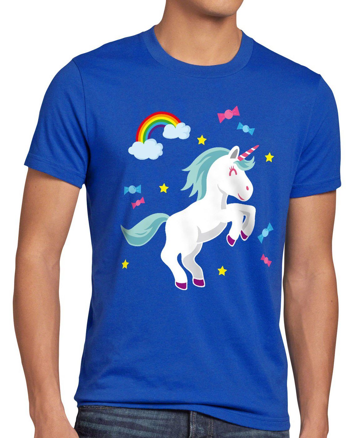 style3 Print-Shirt Herren T-Shirt Unicorn Candy Einhorn Regenbogen sterne pferd fun funshirt süß blau