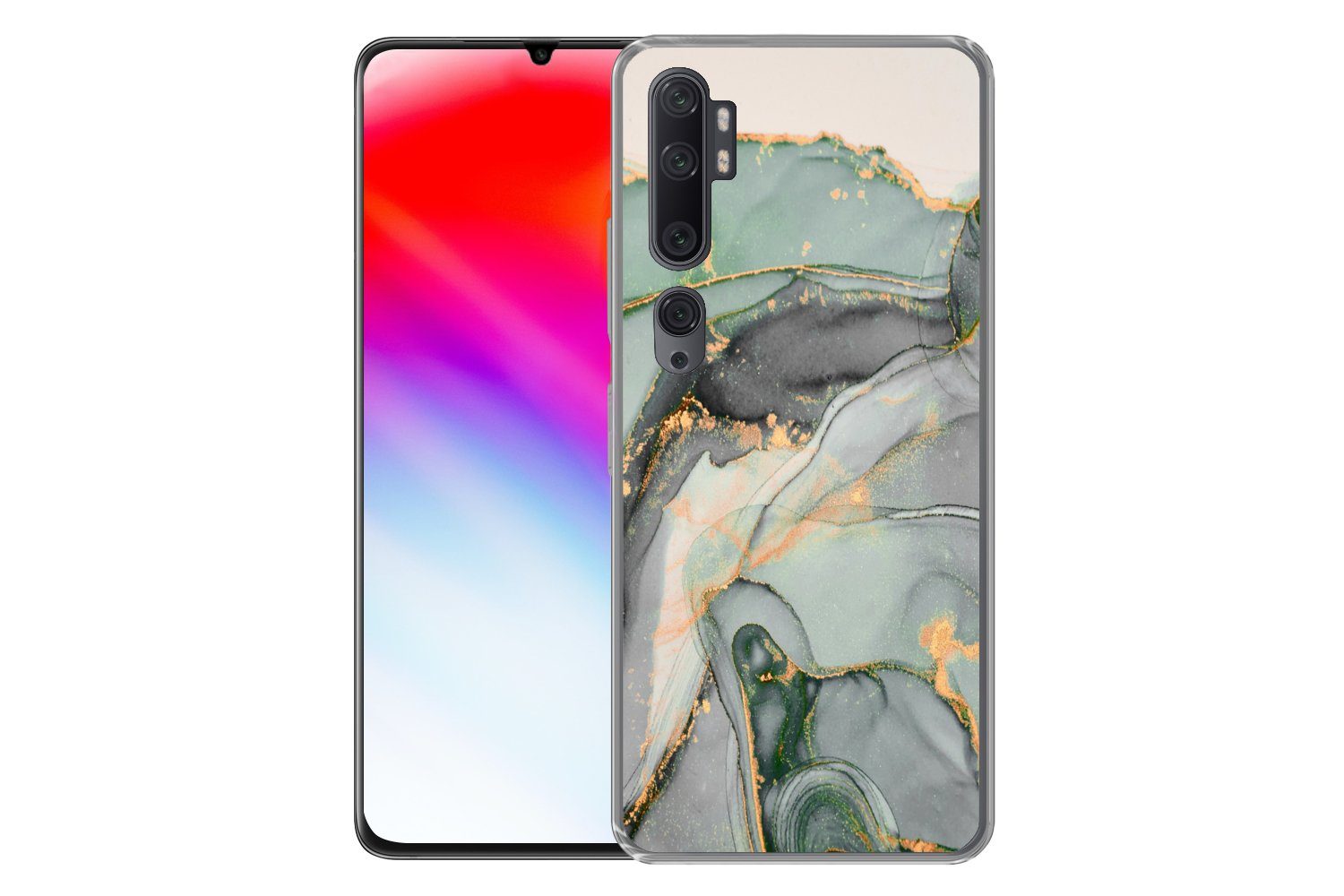 MuchoWow Handyhülle für Xiaomi Mi Note 10 Gold - Marmor - Grün - Luxus - Glitzer - Marmoro