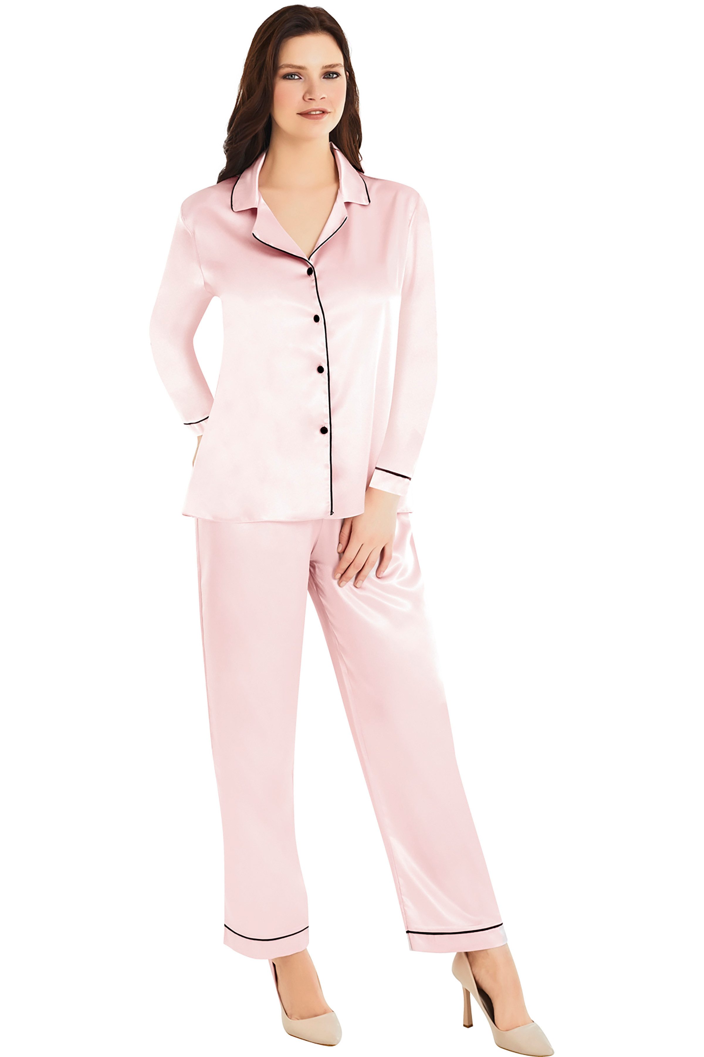 Pyjamahose Damen 2-teiliges Satin-Pyjama-Set mit Zierborte günstig online kaufen