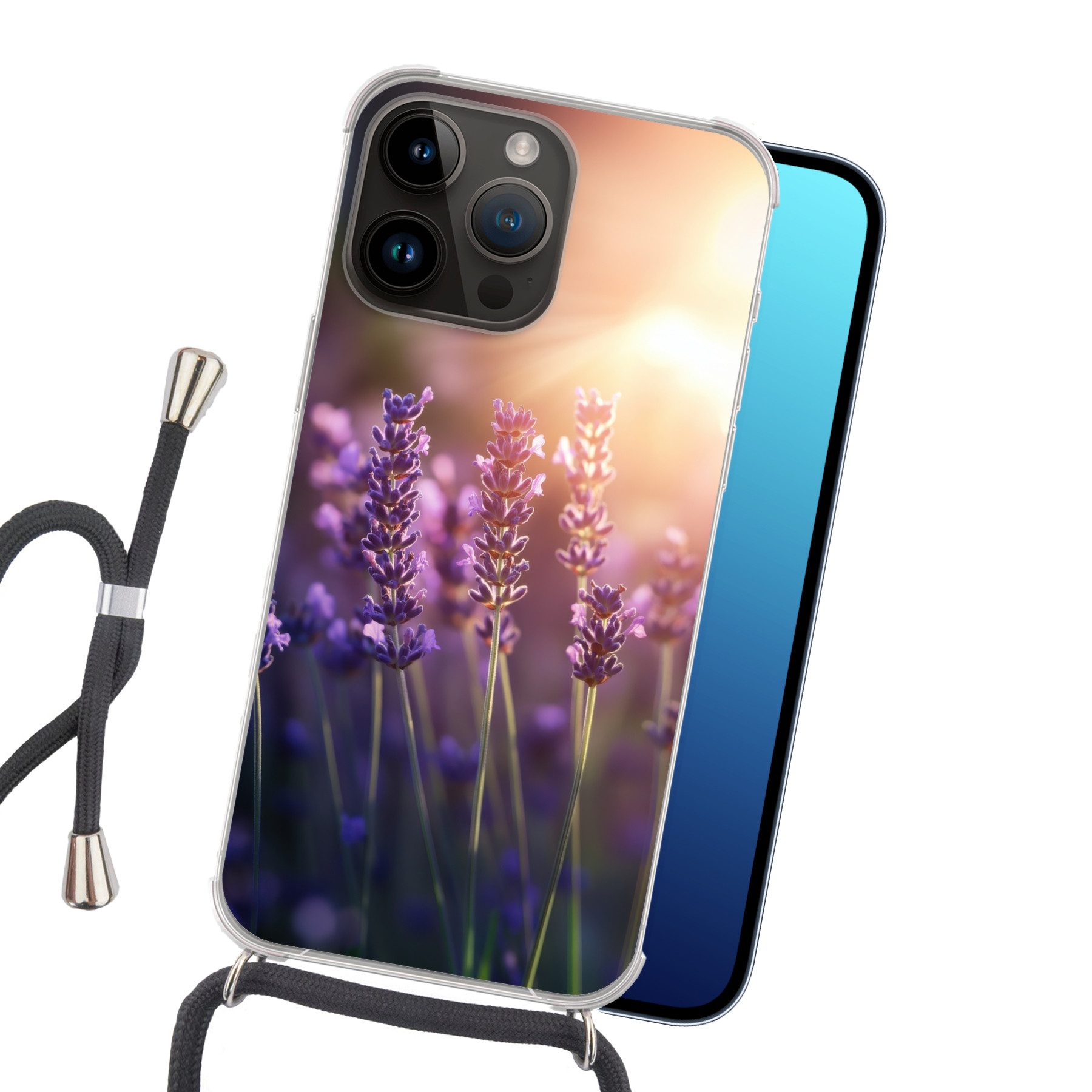 MuchoWow Handyhülle für Apple iPhone 14 Pro Max Lavendelblüten - Lila - Sonnenlicht, Tragbare Handyhüllen mit Kette zum umhängen, Handykette Handyband