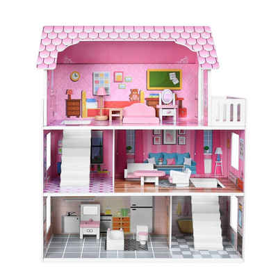 AUFUN Puppenhaus Puppenstube Holzpuppenhaus mit 3 Etage Puppenvilla, mit Möbeln