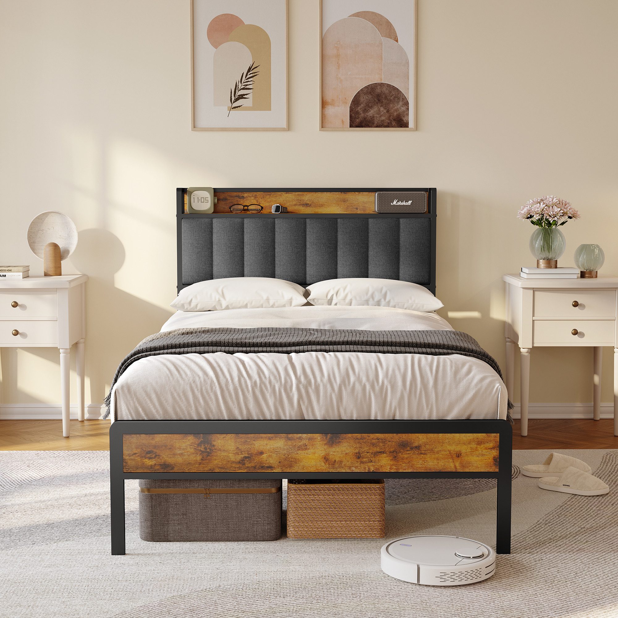 Bealife Polsterbett Einzelbett,Bettgestell mit Kopfteil,Holzbett mit Metall günstig online kaufen