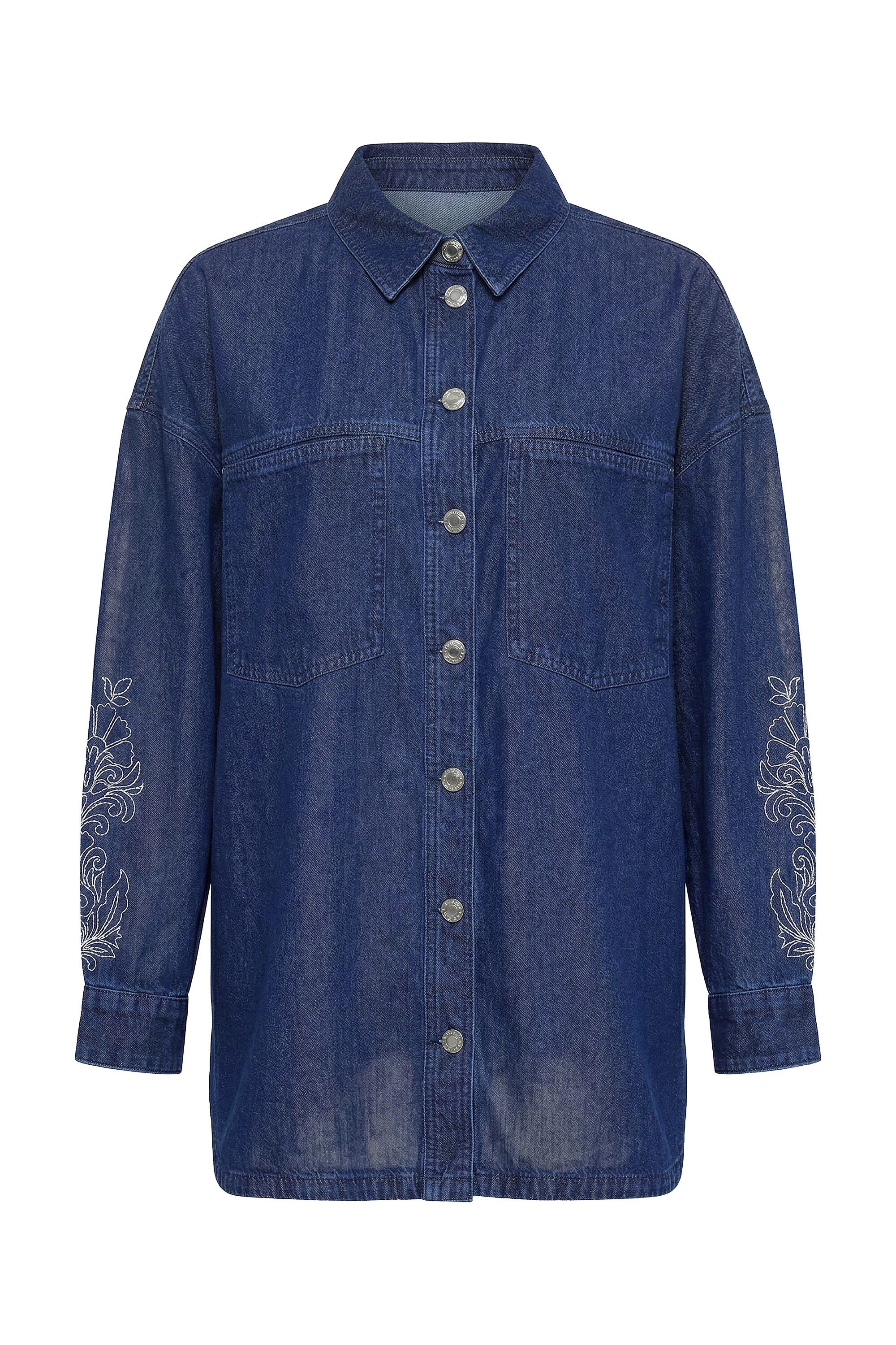 Hemdbluse Jeanshemd Oversize Shape Ärmel-Stickerei