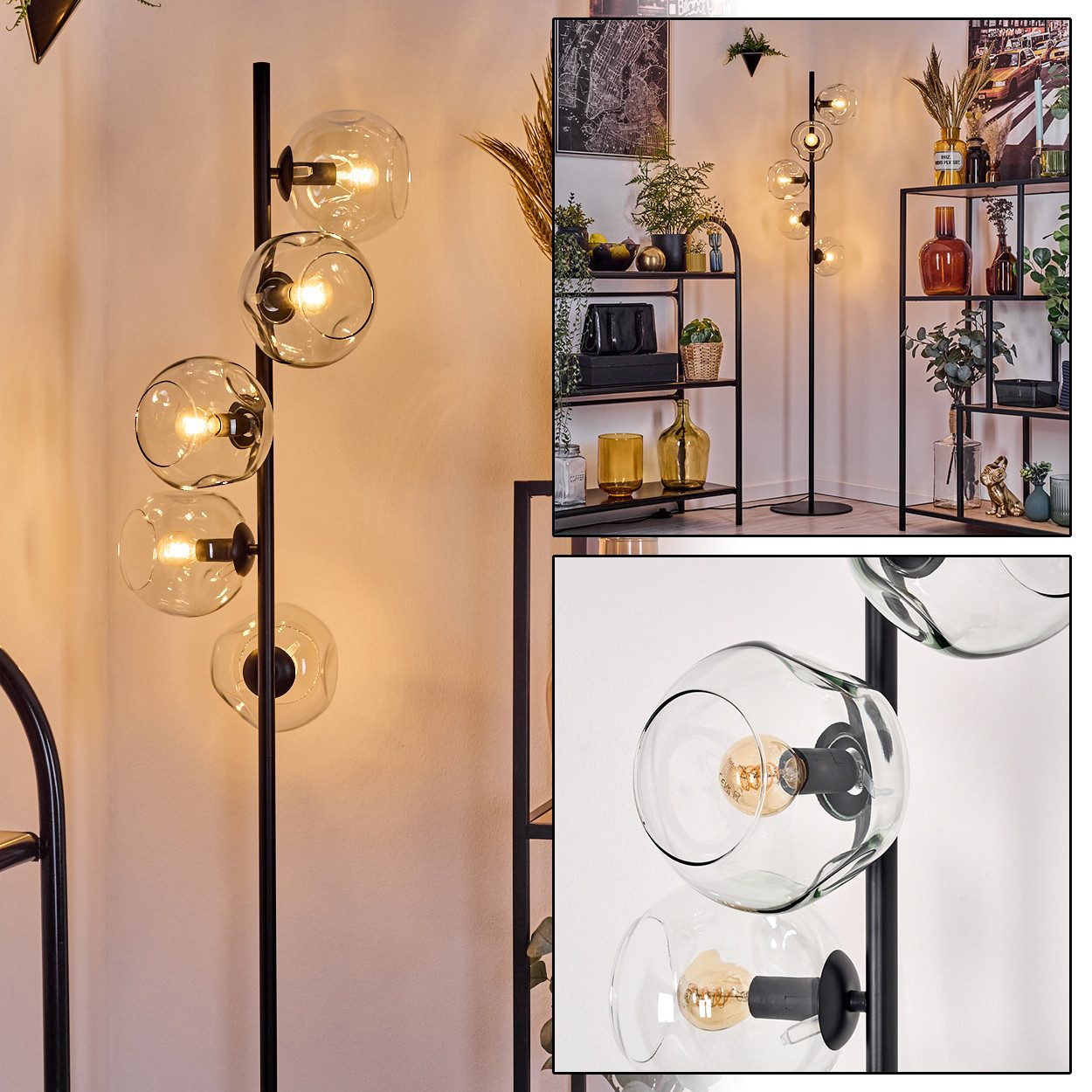 Stehlampe Stehlampe aus Metall/Glas in Schwarz/Klar im Retro-Design