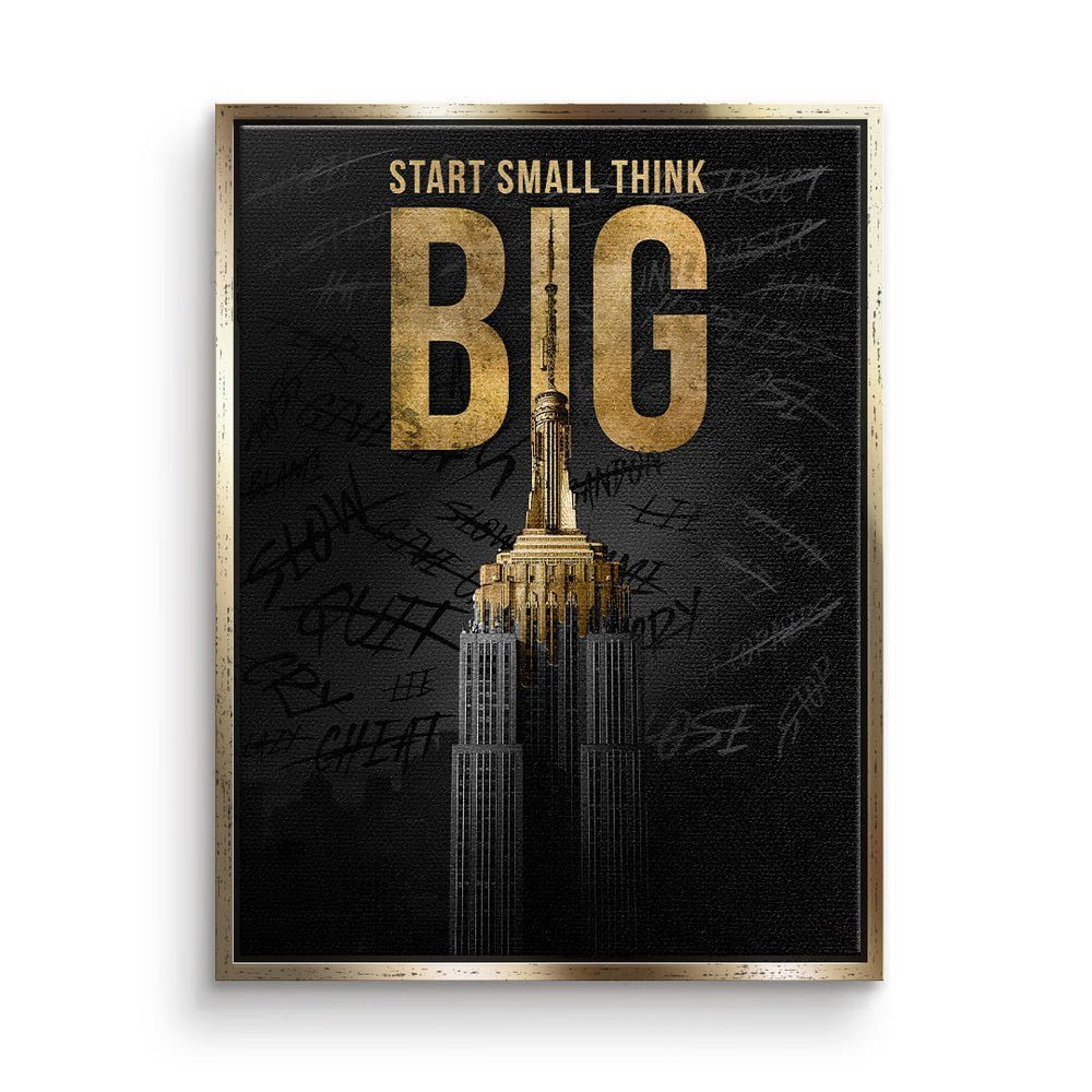 DOTCOMCANVAS® Leinwandbild, Premium Motivationsbild - Start Small Think Big - Empire State Build goldener Rahmen